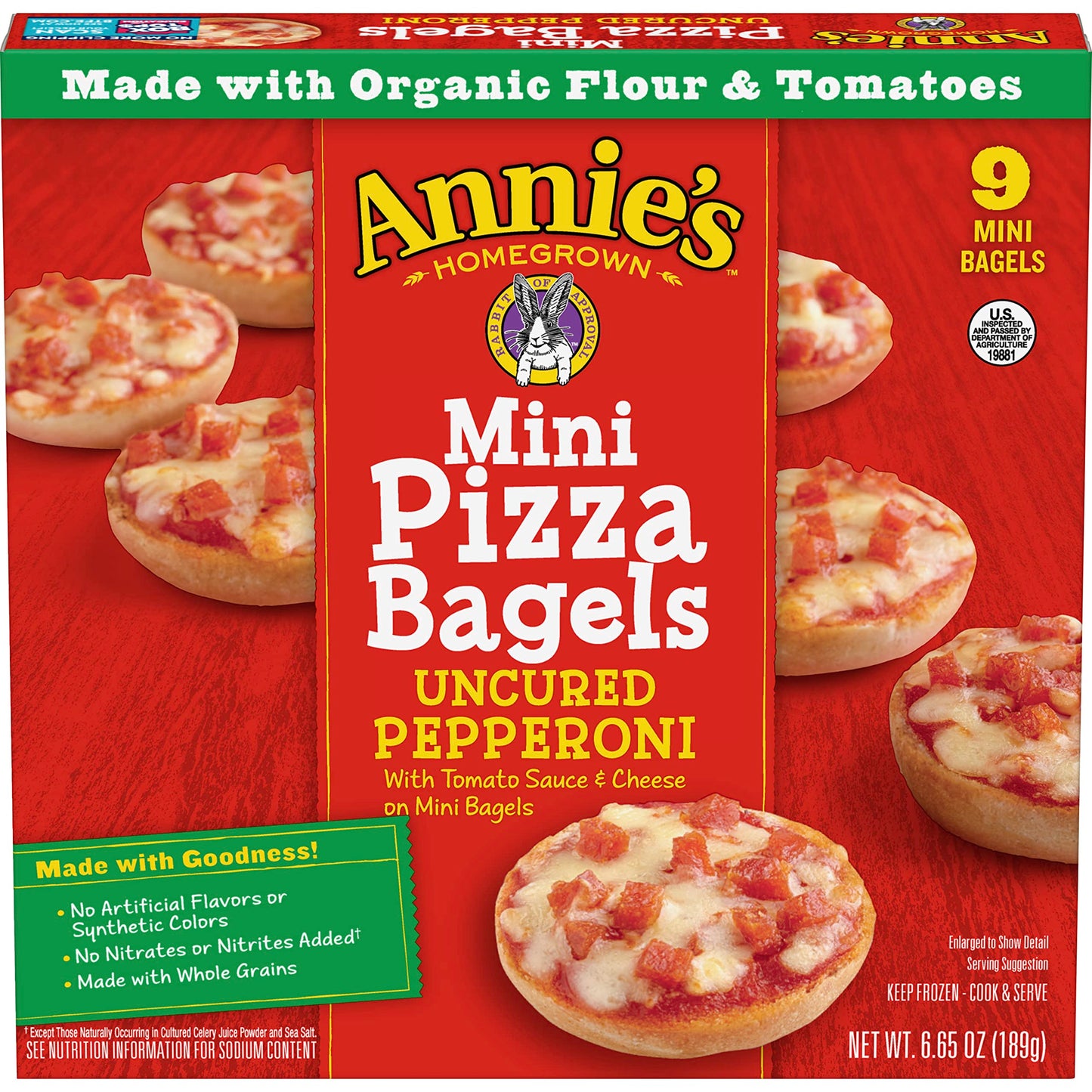 Annies Frozen Mini Pizza Bagels, Uncured Pepperoni, Snacks, 9 Ct, 6.65 oz