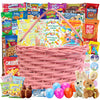 Easter Pink Oval Willow Basket (70 ct) Filled with Treats, Snacks, Candy, Peelable Gummies, Marshmallow Gummies, Bunny and More,