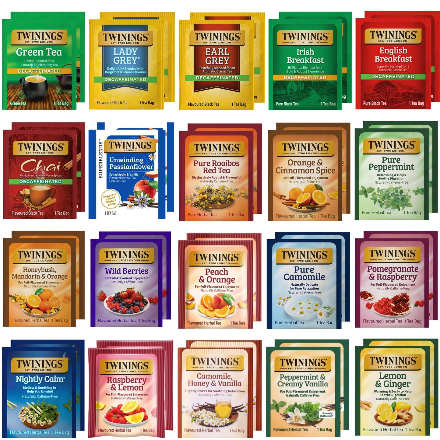 Twinings Herbal & Decaf Tea Variety Pack - Decaf Tea Sampler - Individually Wrapped Herbal Tea Bags, Green Decaf, Lady Grey Deca