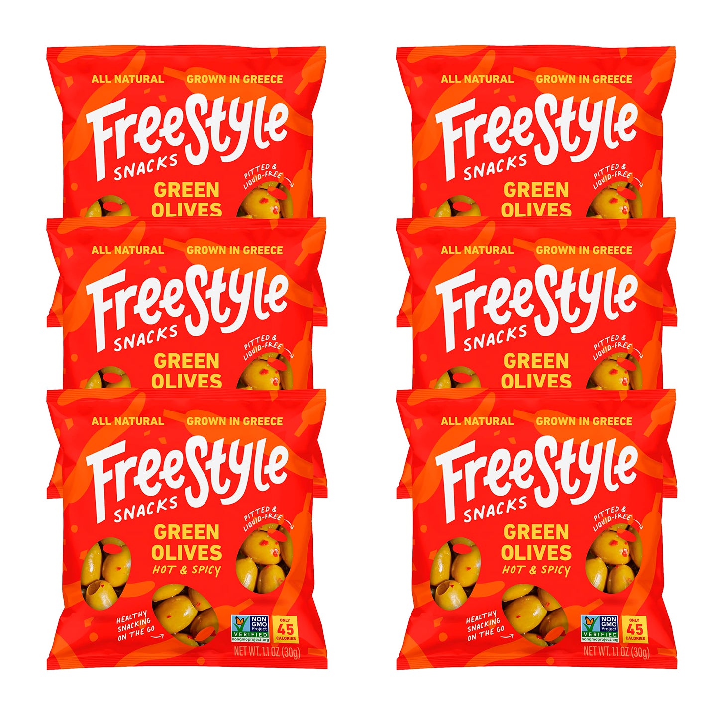 Freestyle Snacks Olive Snack Packs, Jumbo Green Olives, Hot and Spicy, 1.1oz (6 Pack)