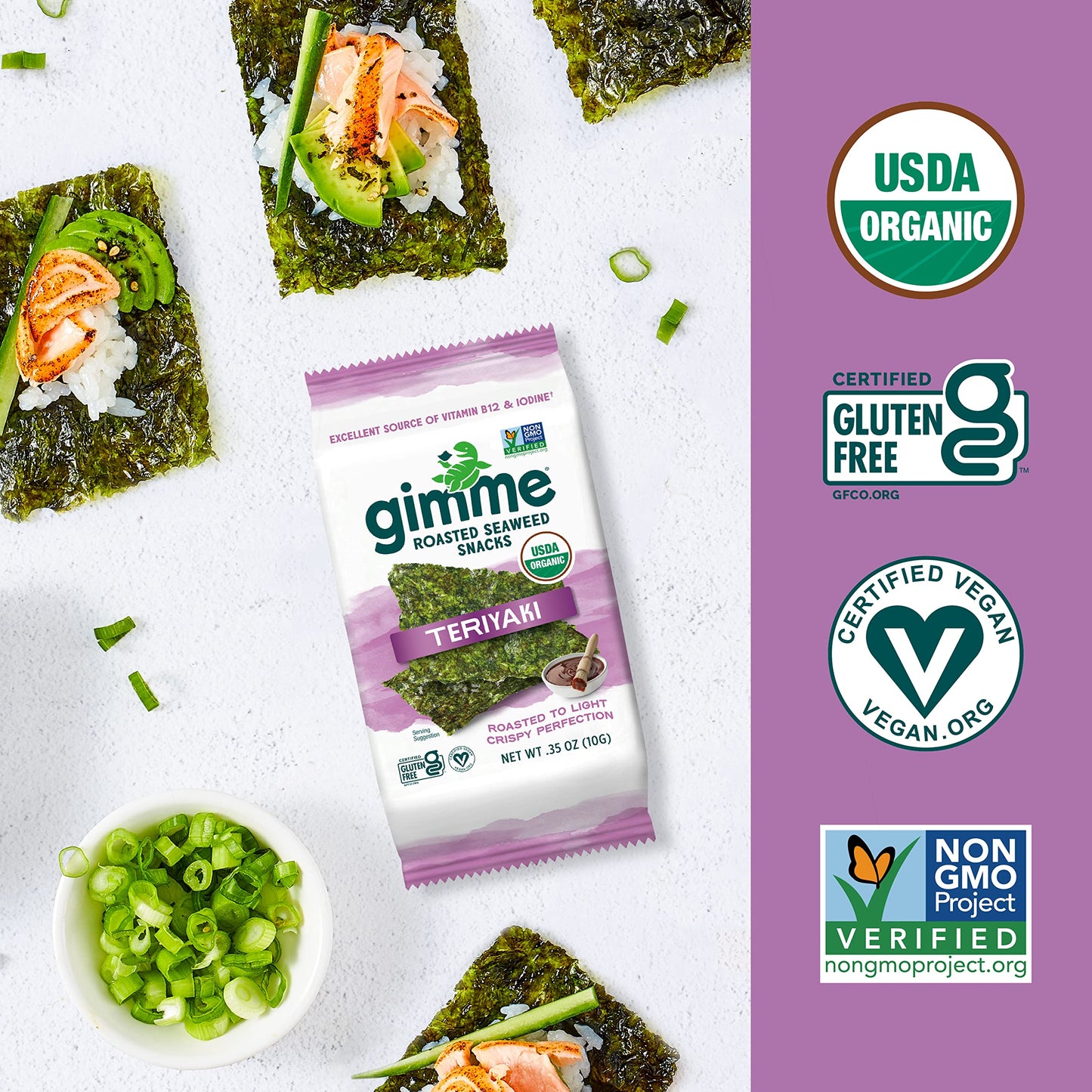 Gimme Organic Roasted Seaweed Sheets - Teriyaki - 12 Count Sharing Packs - Keto, Vegan, Gluten Free -Great Source Of Iodine And