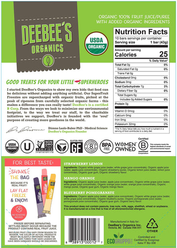 Deebee's 100% Organics Super Fruit Freezie Frozen Juice Bars - Grape, Strawberry and Tropical Fruit Popsicles - Nut, Gluten and