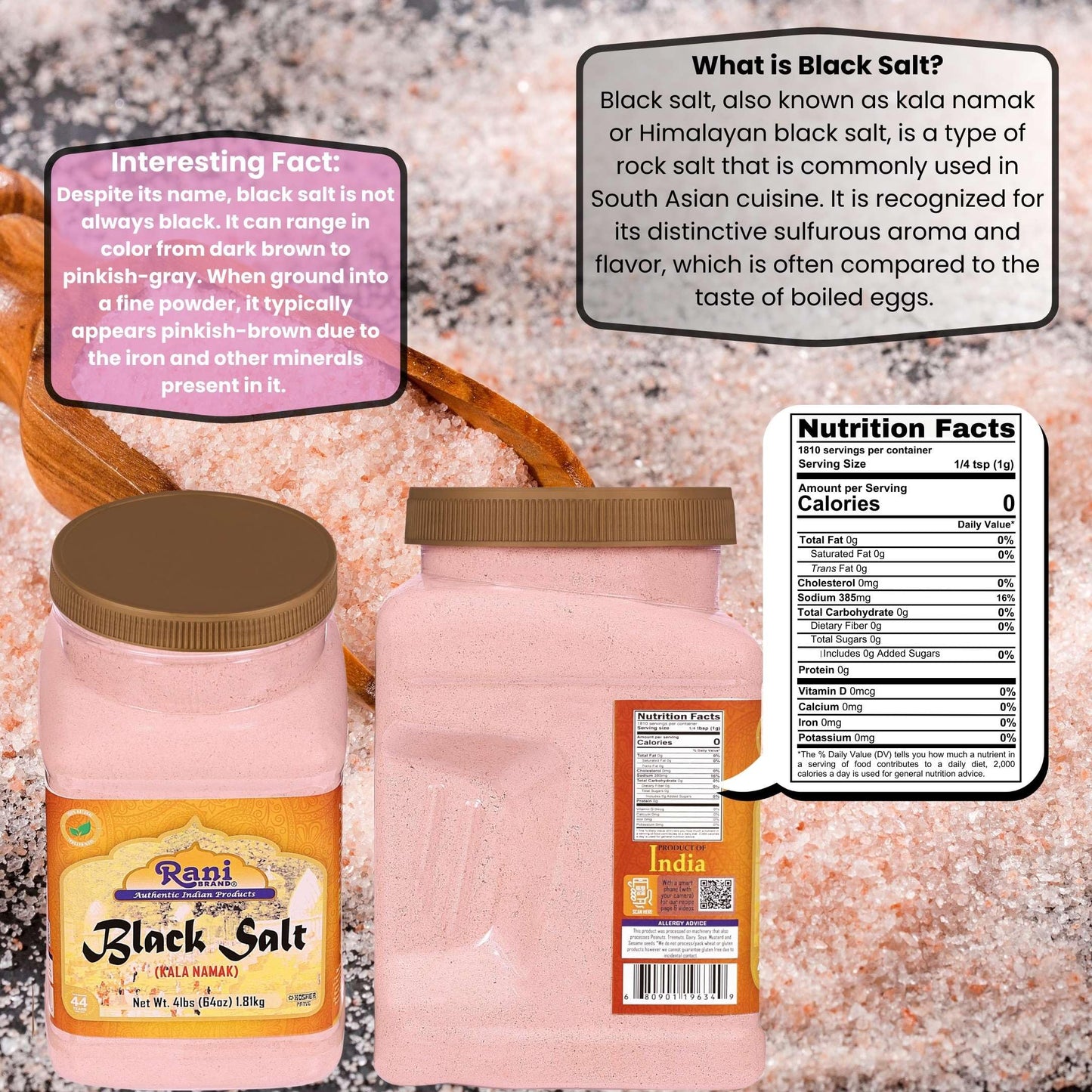 Rani Black Salt Powder (Kala Namak) Mineral 64Oz (4Lbs) 1.81Kg Bulk Pet Jar ~ Unrefined, Pure And Natural | Vegan | Gluten Friendly | Non-Gmo | Indian Origin | Perfect For Tofu Scramble