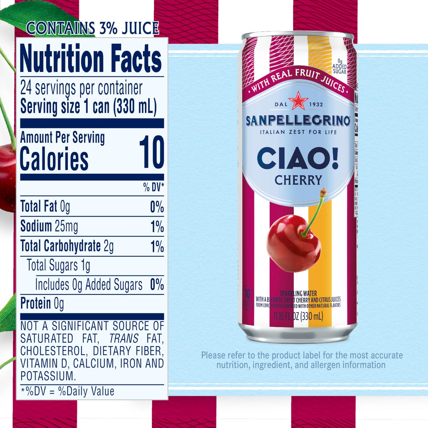 Sanpellegrino Ciao Cherry Sparkling Water, Low-Calorie Italian Sparkling Water With Real Fruit Juices, 0G Added Sugar, 24-Pack
