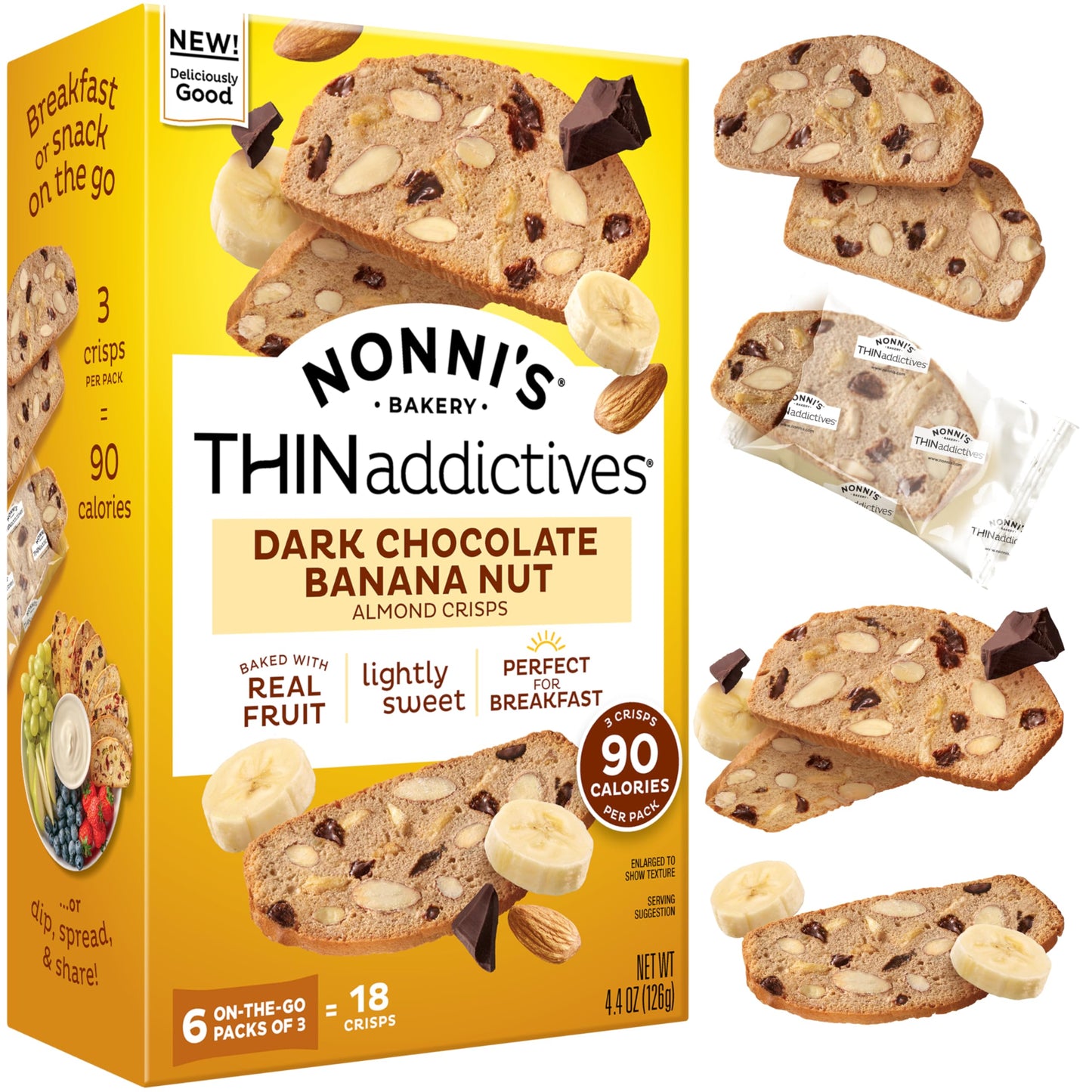 NonniS Thinaddictives Dark Chocolate Banana Nut Crisps 4.4 Oz Lightly Sweet Almond Snack 6 On-The-Go Packs 90 Calories