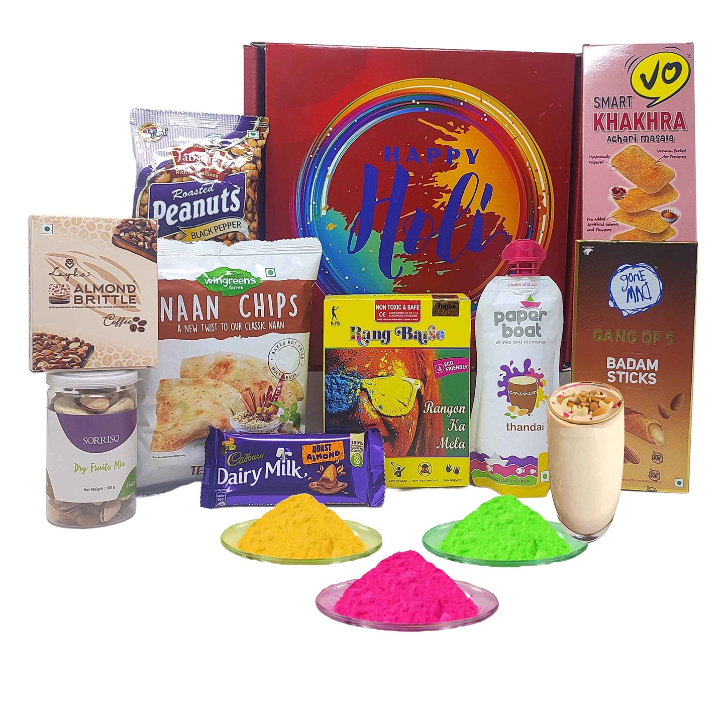The Gift Tree Special Holi Gift Hamper | Three Eco Friendly Holi Color, Thandai, Nuts, Chips, Khakhra, Chocolate And Sandwich Bi