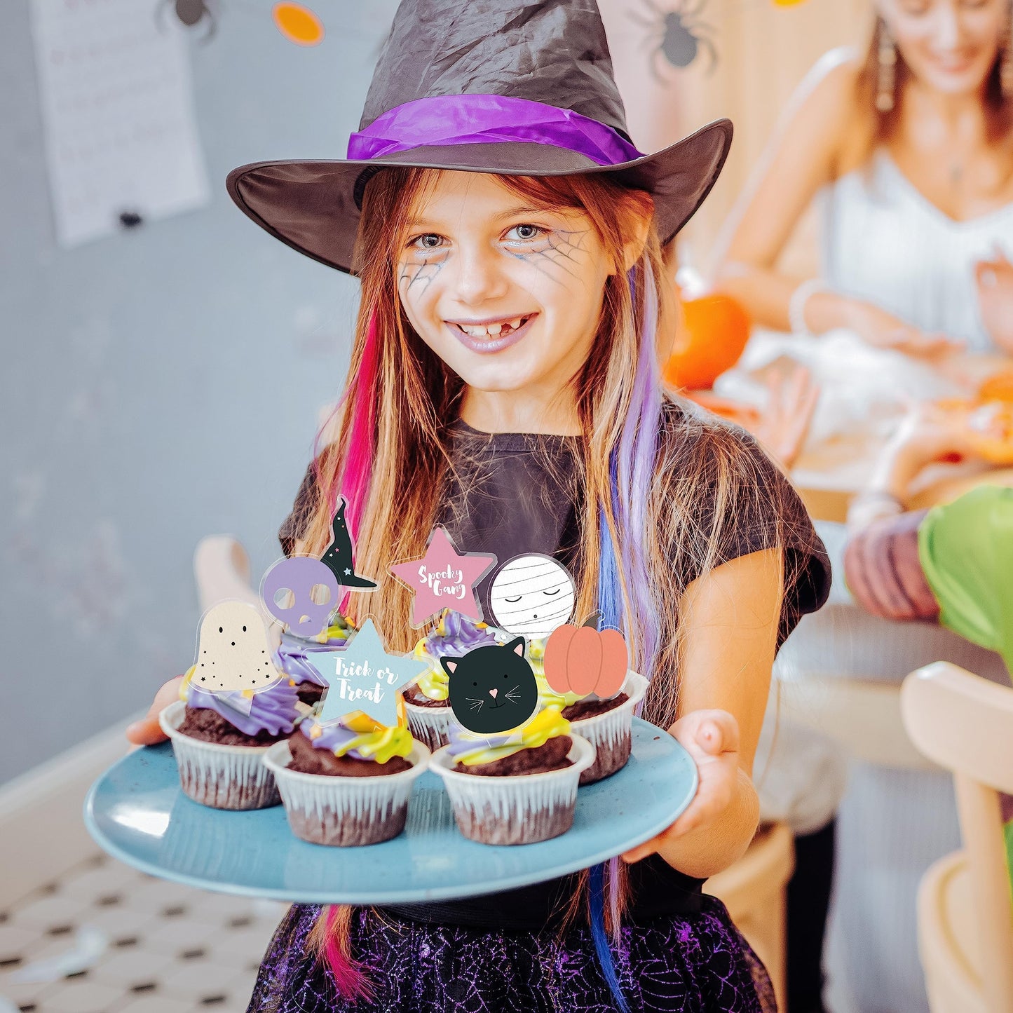 Cheerland Halloween Cupcake Toppers, Plastic, Pastel, 2x2 inches, Cute Pumpkin Ghost Bat Cat Witch Hat Decorations
