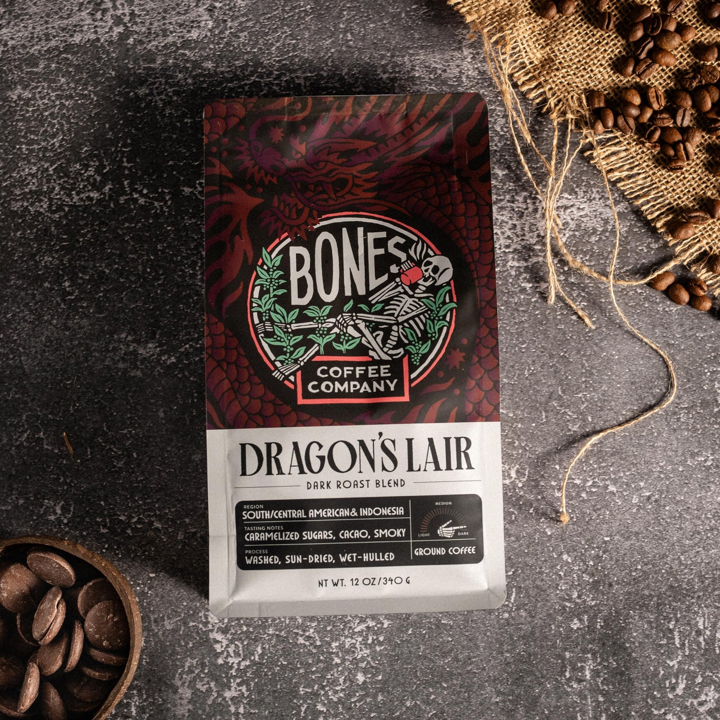 Bones Coffee Company Dragon'S Lair Ground Coffee Beans, Low Acid Flavored Coffee, Made With Arabica Coffee Beans, Dark Roast Gourmet Coffee, Coffee Lover Gift Ideas (12 Oz)