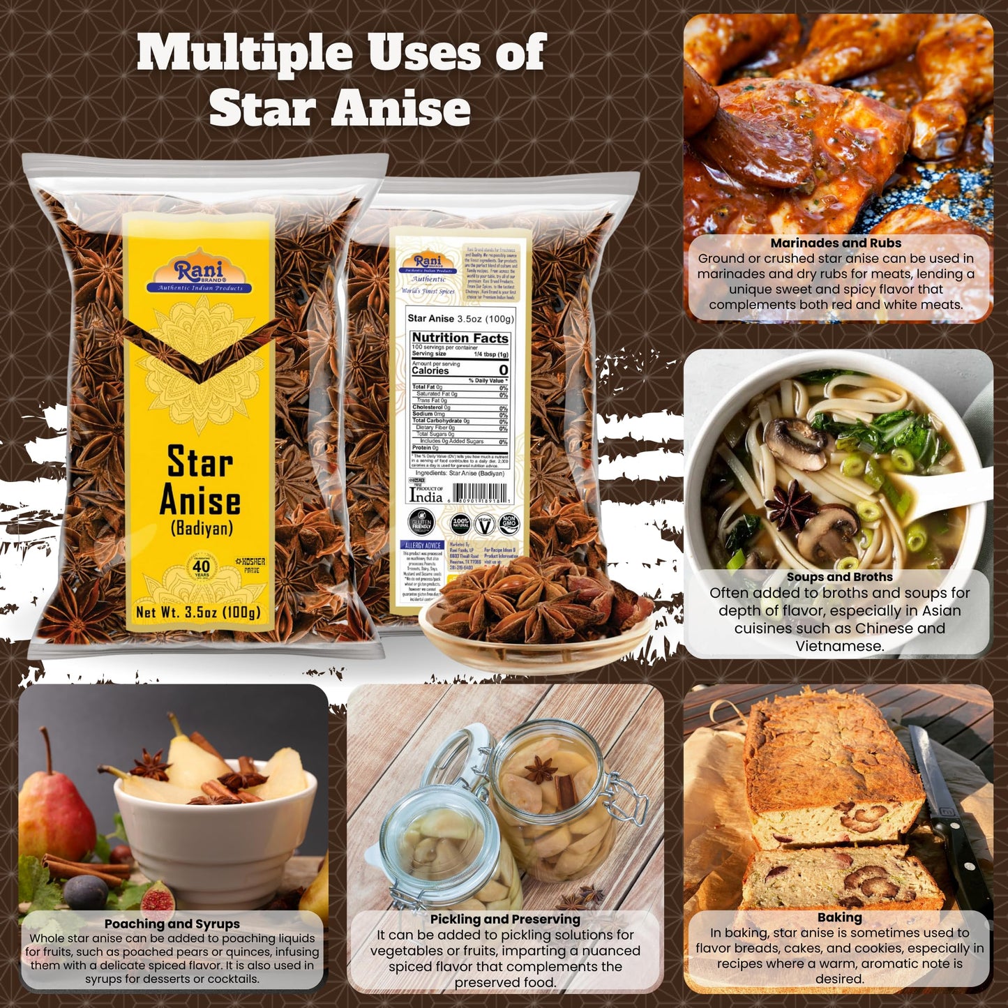 Rani Star Anise Seeds, Whole Pods (Badian Khatai) Spice 3.5Oz (100G) ~ All Natural | Gluten Friendly | Non-Gmo | Kosher | Vegan