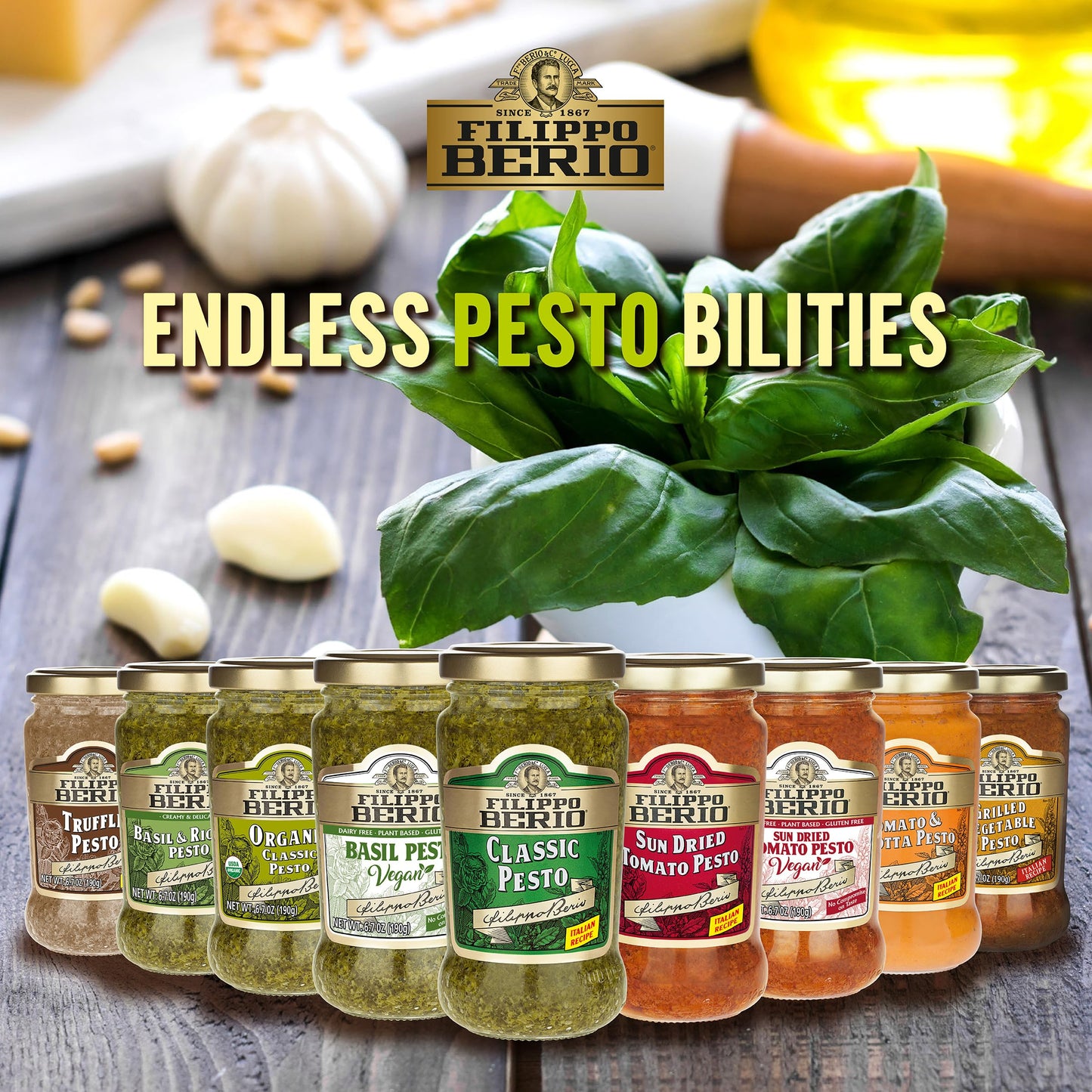 Filippo Berio Pesto, Vegan Basil, 6.7 Ounce Glass Jar, Pack of 6
