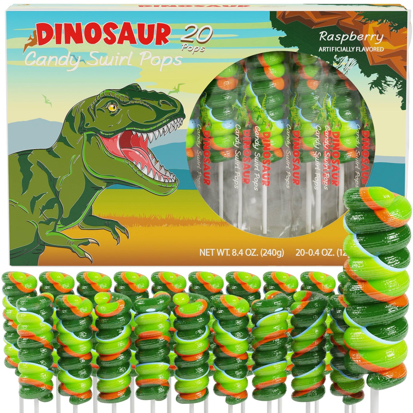 Dinosaur Swirl Lollipops For Kids Individually Wrapped Candy 20Pk- Dinosaur Lollipops - Dinosaur Party Favors - Dinosaur Candy For Dinosaur Party Favor Bags & Dinosaur Birthday Party Supplies