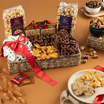 Nut Cravings KREMERY Chocolate Covered Pretzels & Caramel Popcorn Gift Basket, 3.5 lbs, Deluxe Seagrass Tray with Ribbon