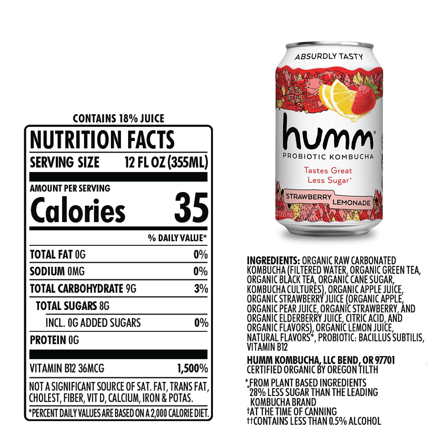 Humm Kombucha Strawberry Lemonade - Organic, Vegan & Gmo-Free (12 Pack)