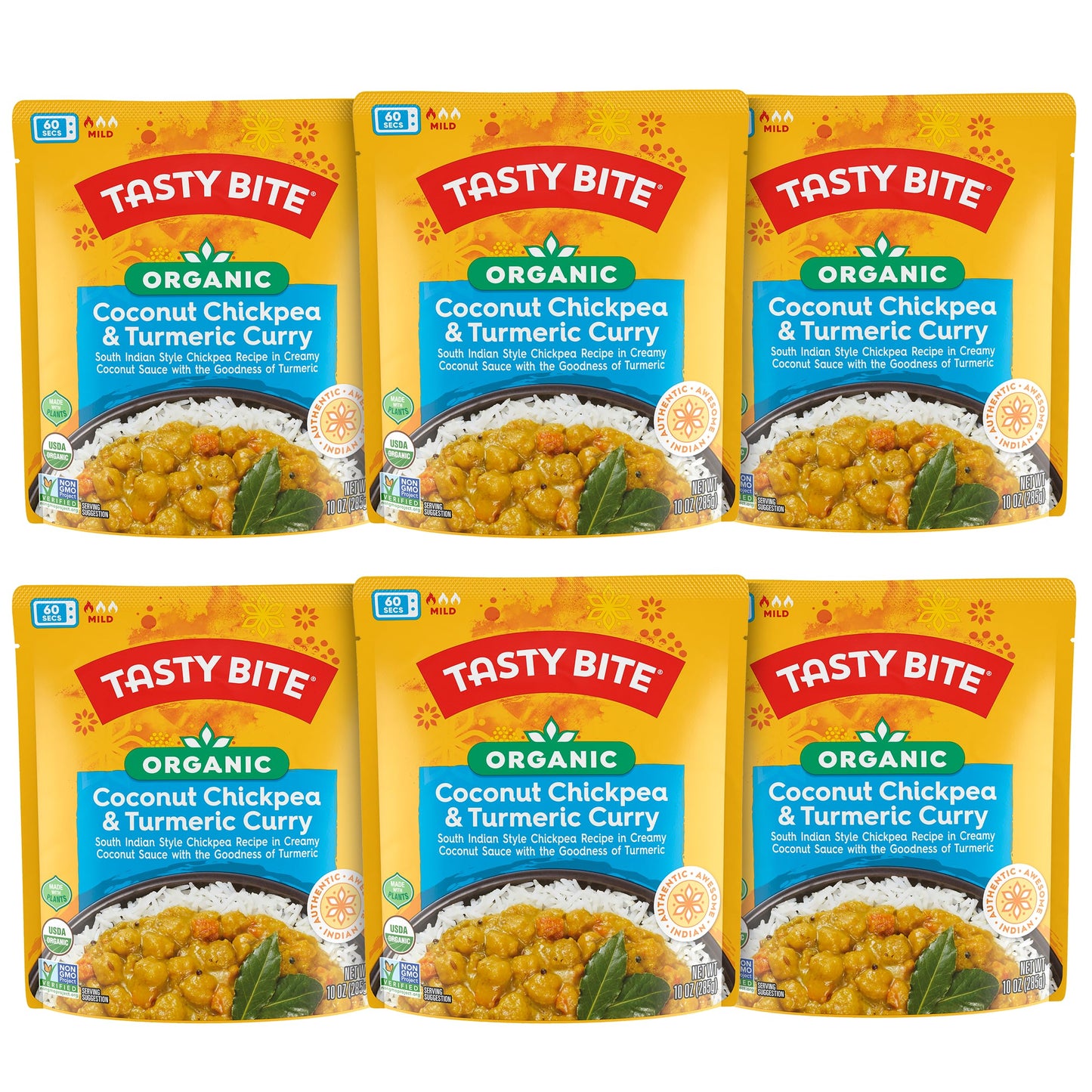 Tasty Bite Organic Chickpea Coconut and Turmeric Curry, Ready to Eat, Microwavable Entr e, Vegan, 10 Ounce (Pack of 6)