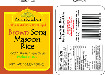 Asian Kitchen Brown Sona Masoori Aged Rice 20-Pound Bag, 20Lbs (9.08Kg) Short Grain Rice ~ All Natural | Gluten Friendly | Vegan