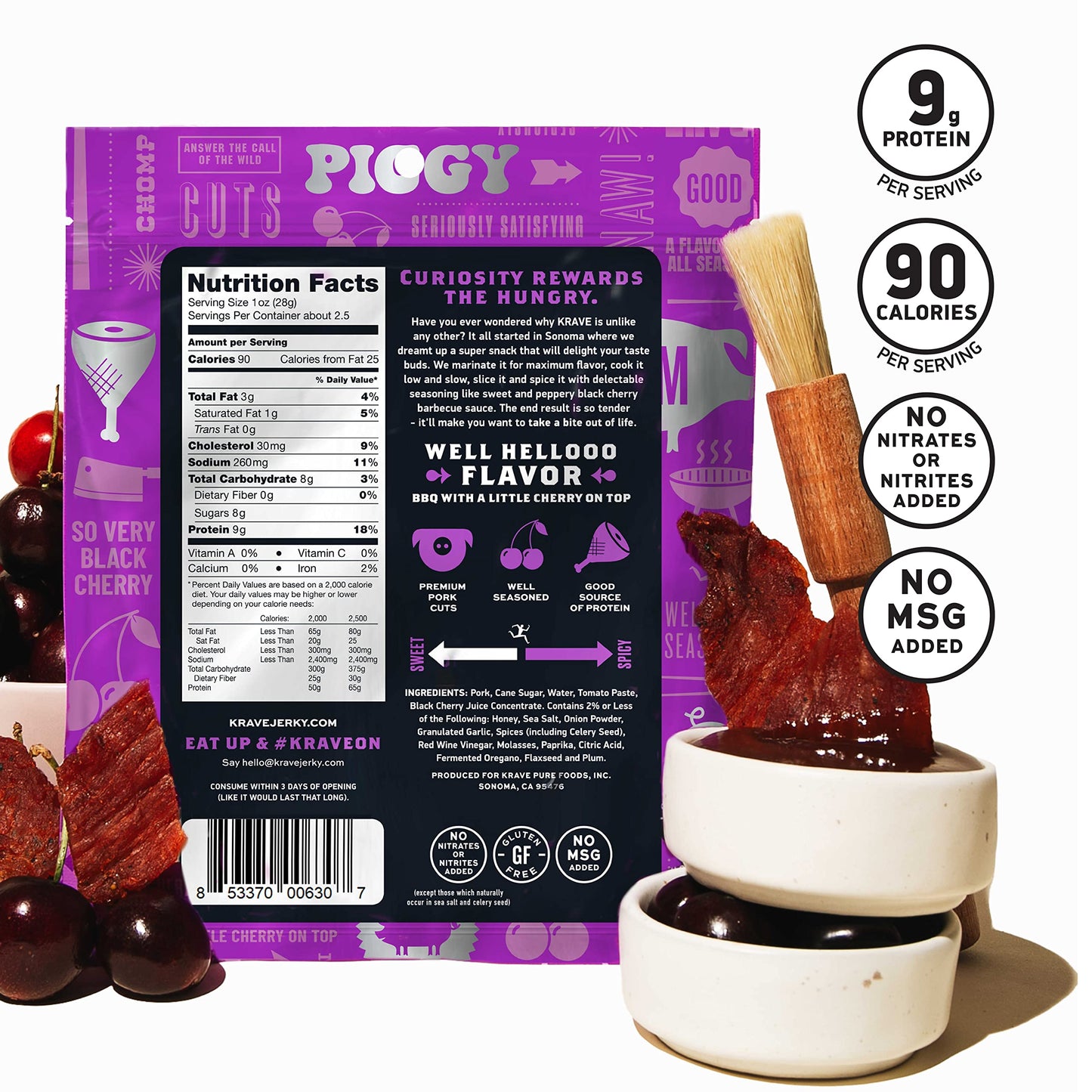 Krave All Natural Pork Jerky, Black Cherry Bbq - Protein Packed Snacks Roasted For Maximum Flavor - Premium Tender Meat Cuts - G