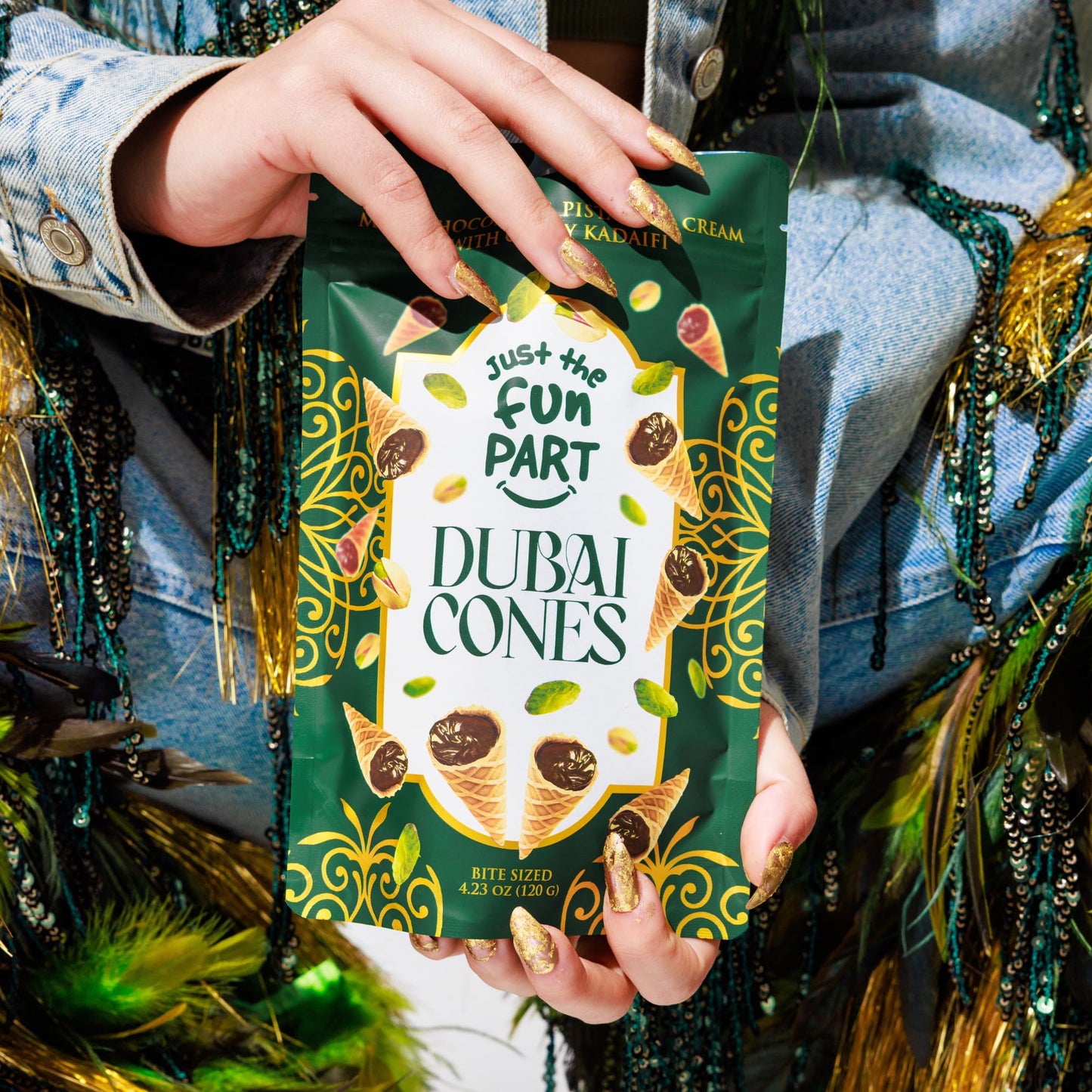 Just The Fun Part | Bite-Size Crispy Mini Waffle Dubai Cones | Filled With enhanced Belgian Milk Chocolate & Pistachio Cream with Crispy Kadaifi| 4.23 Ounce (Pack of 2 Dubai Cones)
