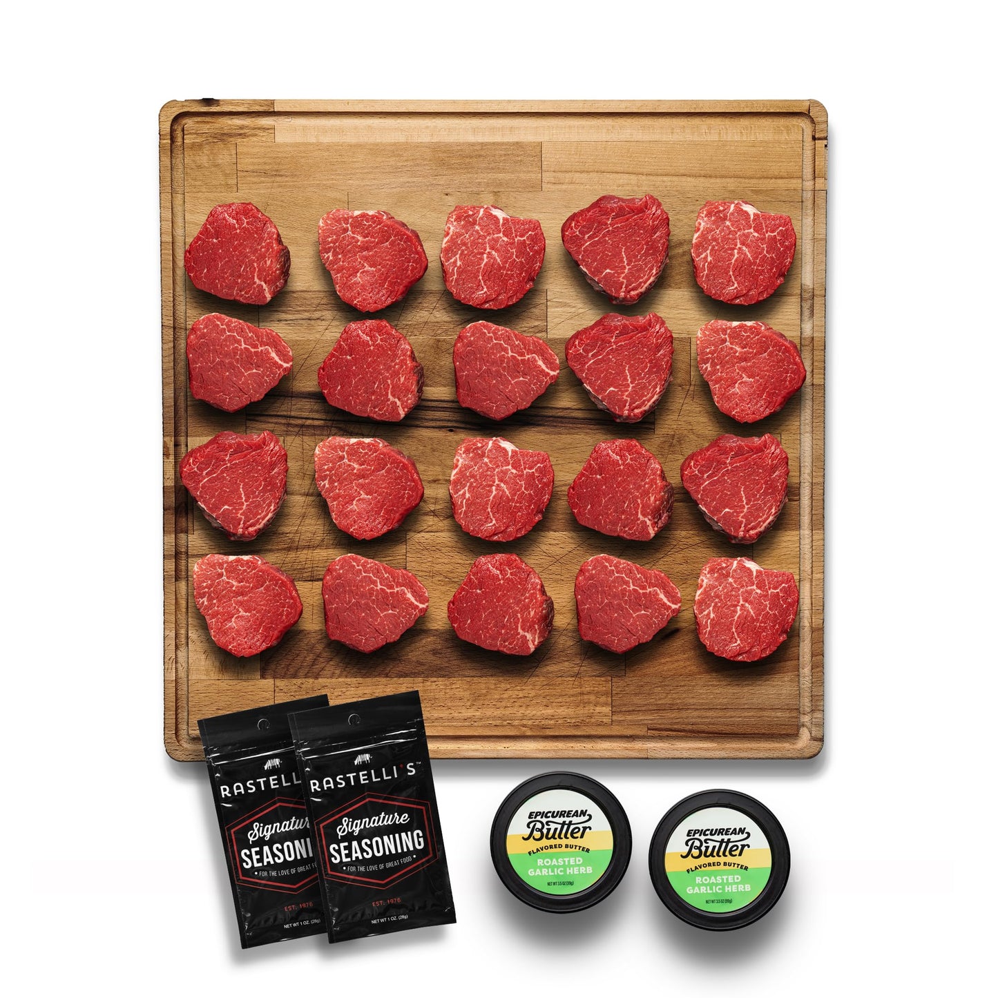 RastelliS Black Angus Beef Filet Mignon Steaks (20 Ct) 5 Oz Portions With Butter 6.25 Lbs. Total