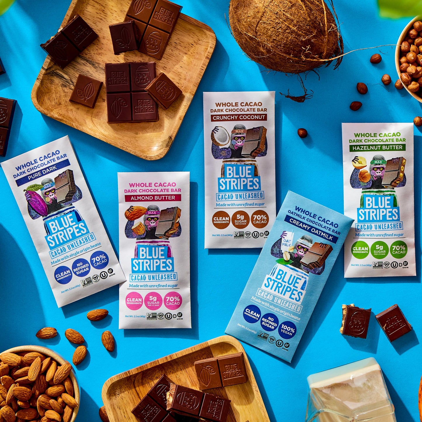 Blue Stripes Whole Cacao Almond Butter Dark Chocolate Bar, 2.1 OZ