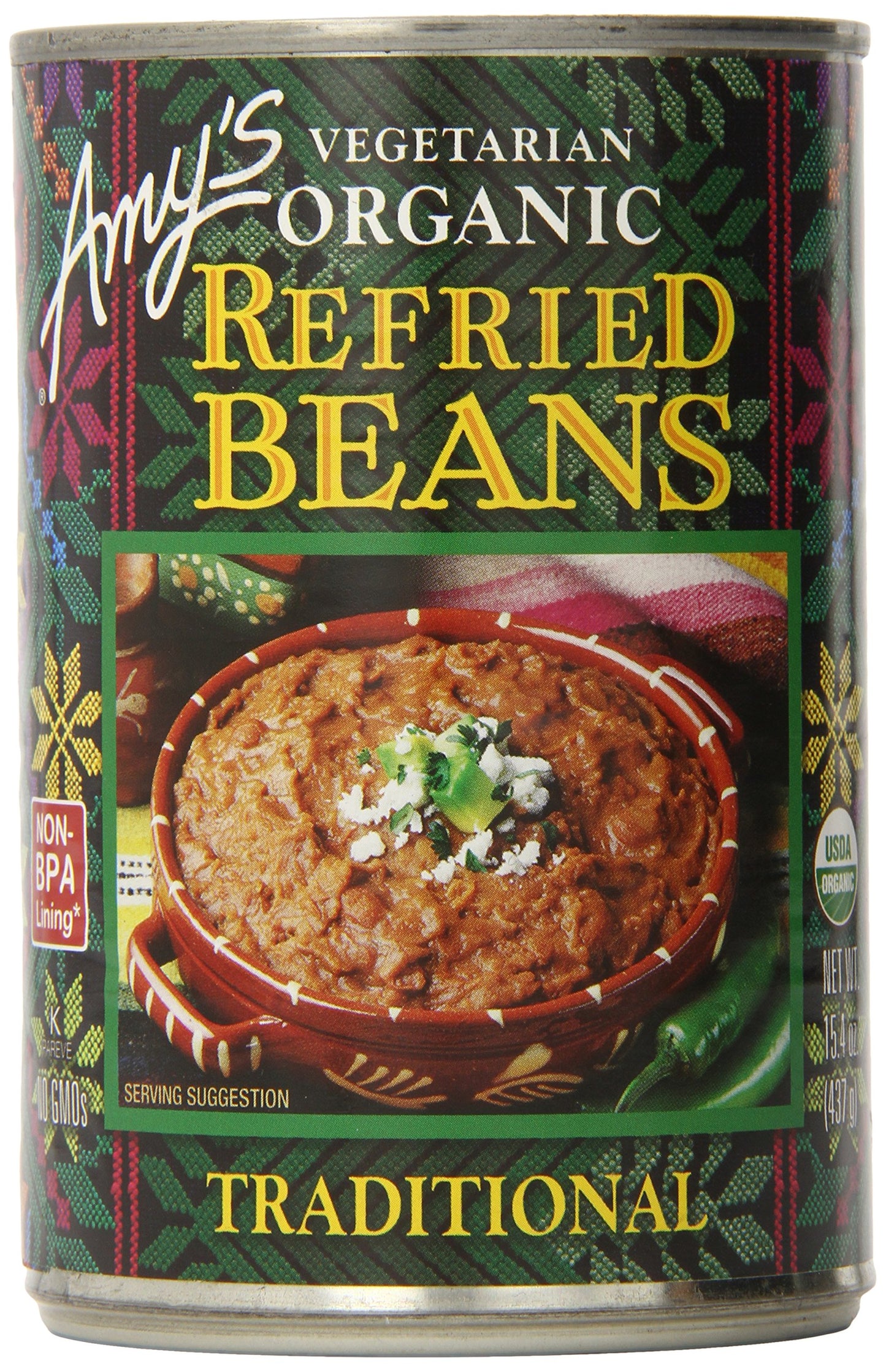 Amy's Organic Refried Beans Canned, Traditional Refried Beans, Vegan, Gluten Free and Vegetarian, 15.4 Oz (6 Pack)