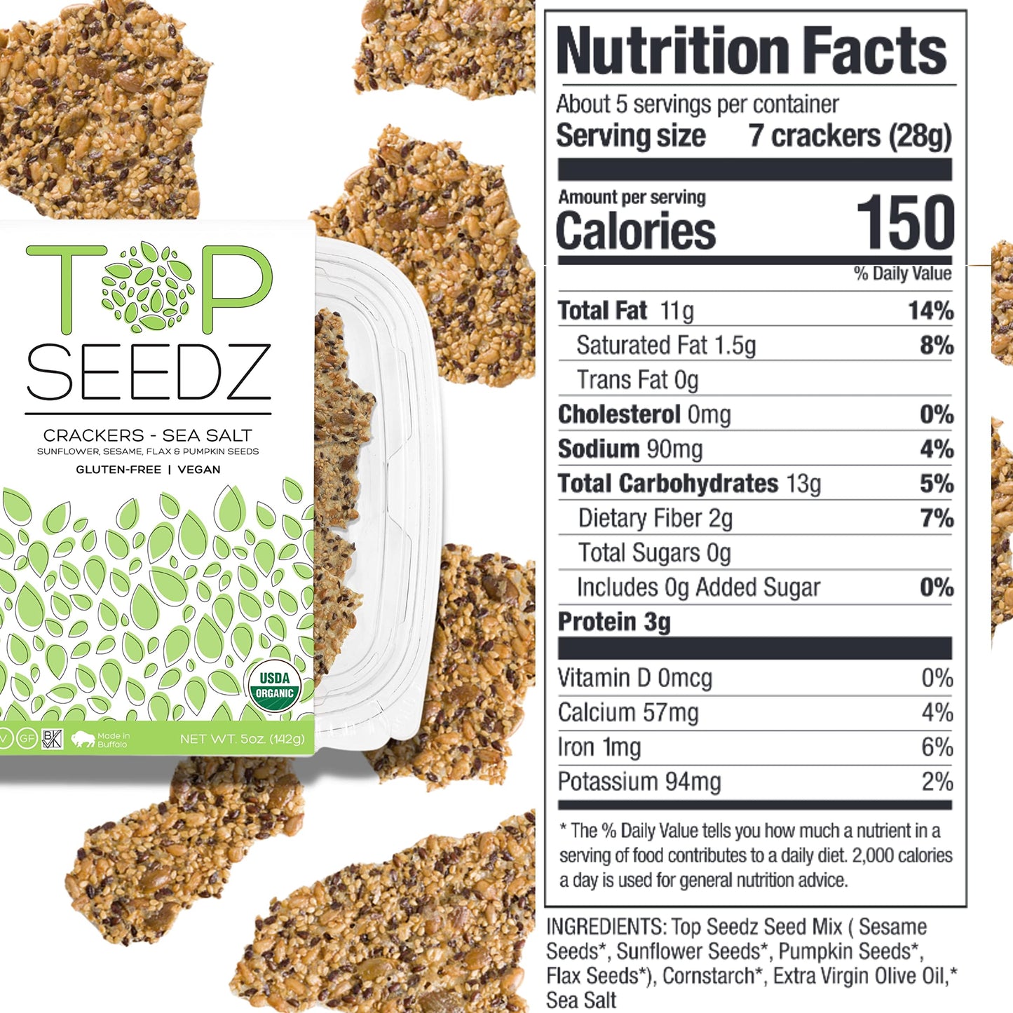 Top Seedz Certified Organic Gluten Free Savory Sensation Seed Crackers | 6-Pack | 5 Ounces | Healthy Vegan Crackers With Plant B