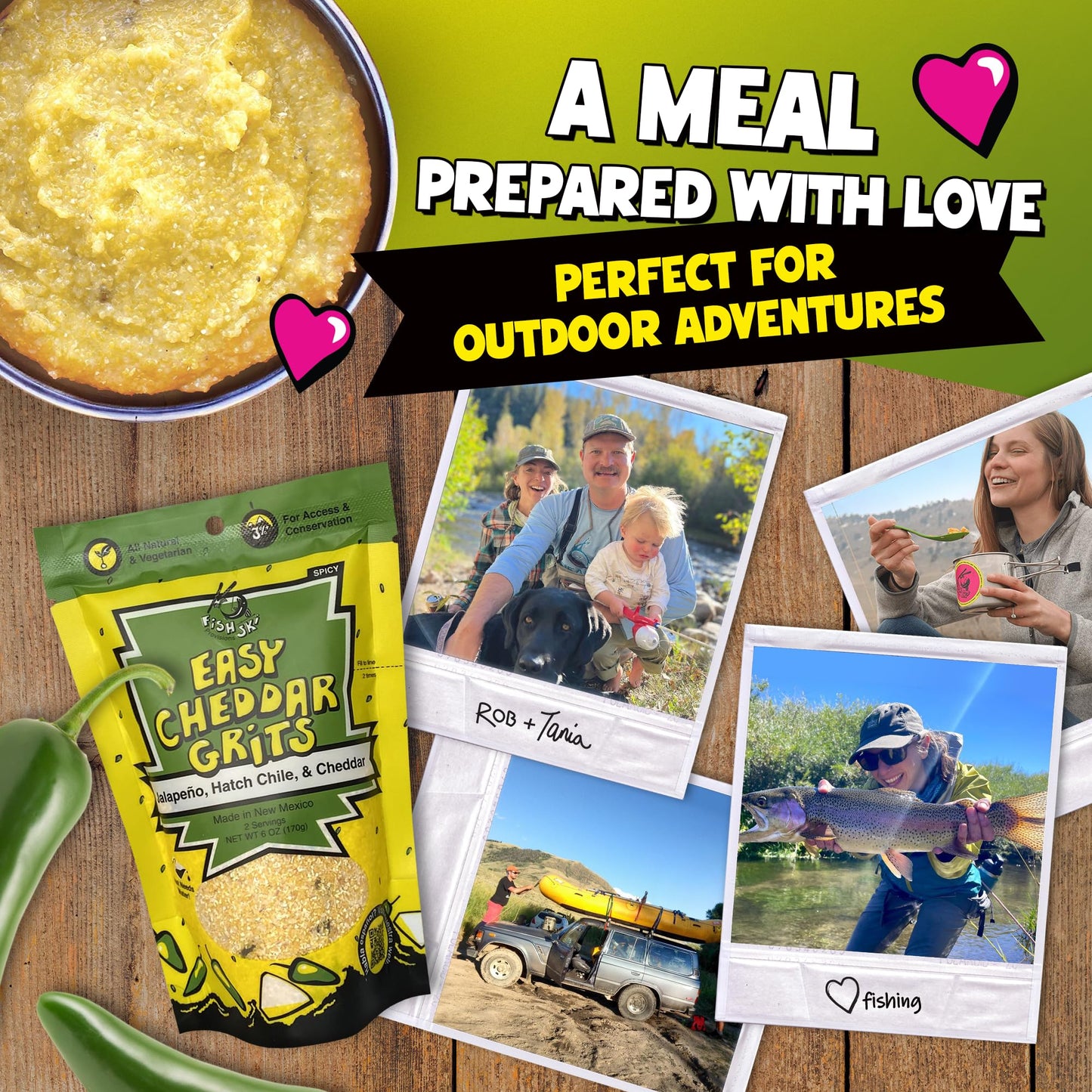 Jalapeno Yellow Corn Grits With Cheddar Cheese + Hatch Green Chile + Garlic, By Fishski Provisions, 6 Oz Bags, 6 Pack