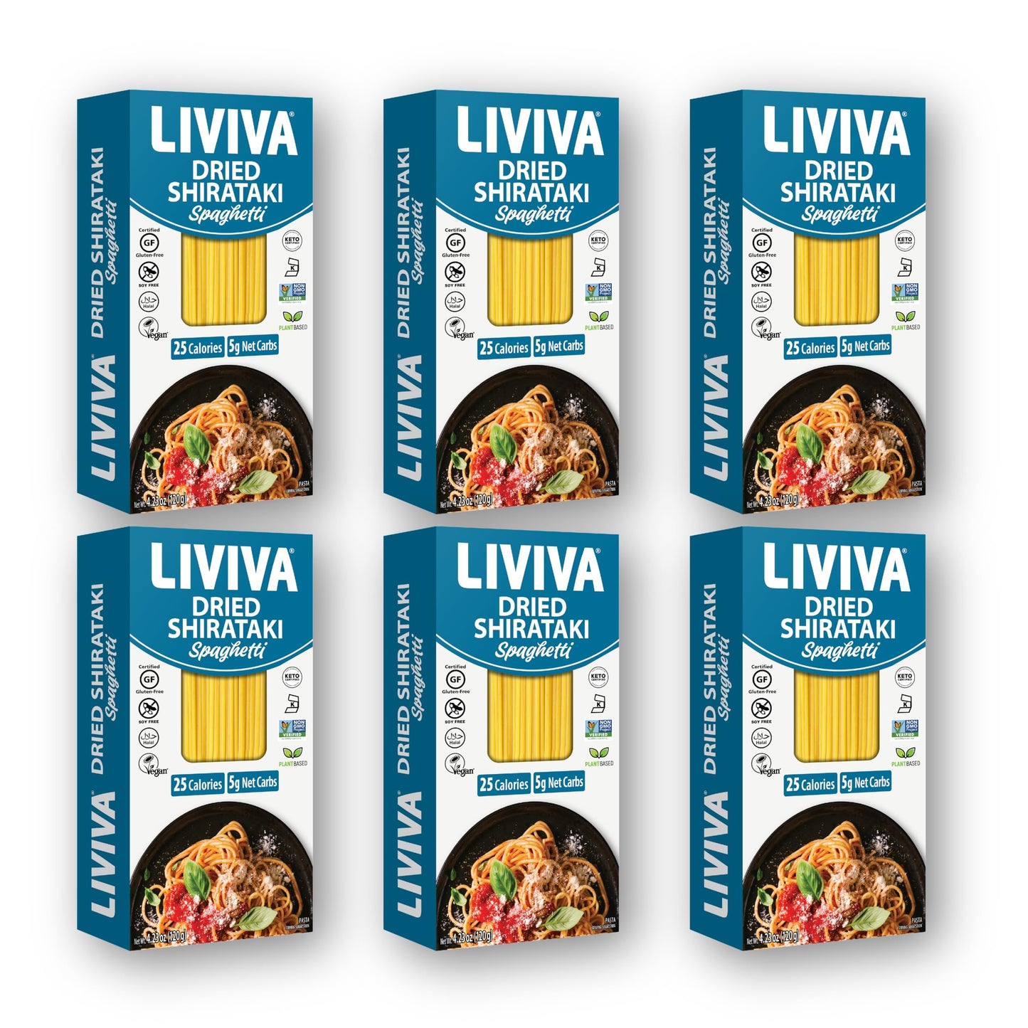 Liviva Foods Dried Shirataki Spaghetti - 6 Pk - Certified Gluten Free, Non-Gmo, Vegan, Halal, Kosher, Plant-Base, Keto & Low Carb, Only 5 Netcarbs, 25 Calories, Diabetic-Friendly, Taste And Cook Like Spaghetti.