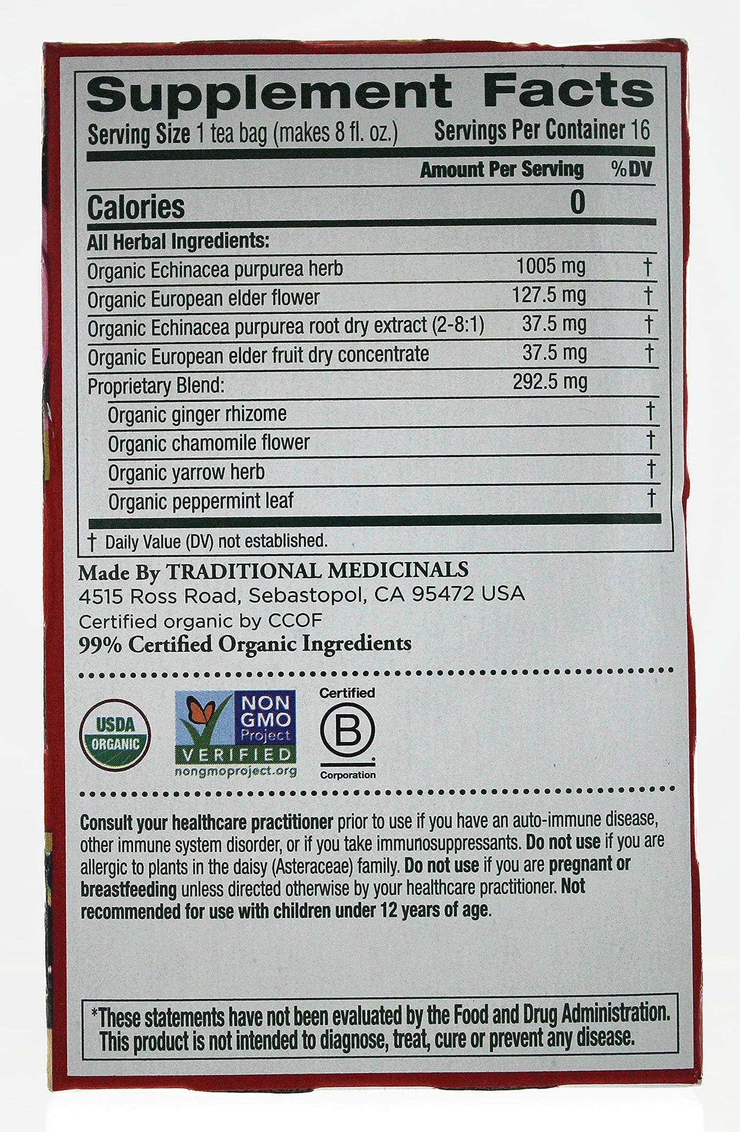 Traditional Medicinals Organic Echinacea Plus Elderberry Herbal Tea, Promotes Immune Function, (Pack Of 3) - 48 Tea Bags Total