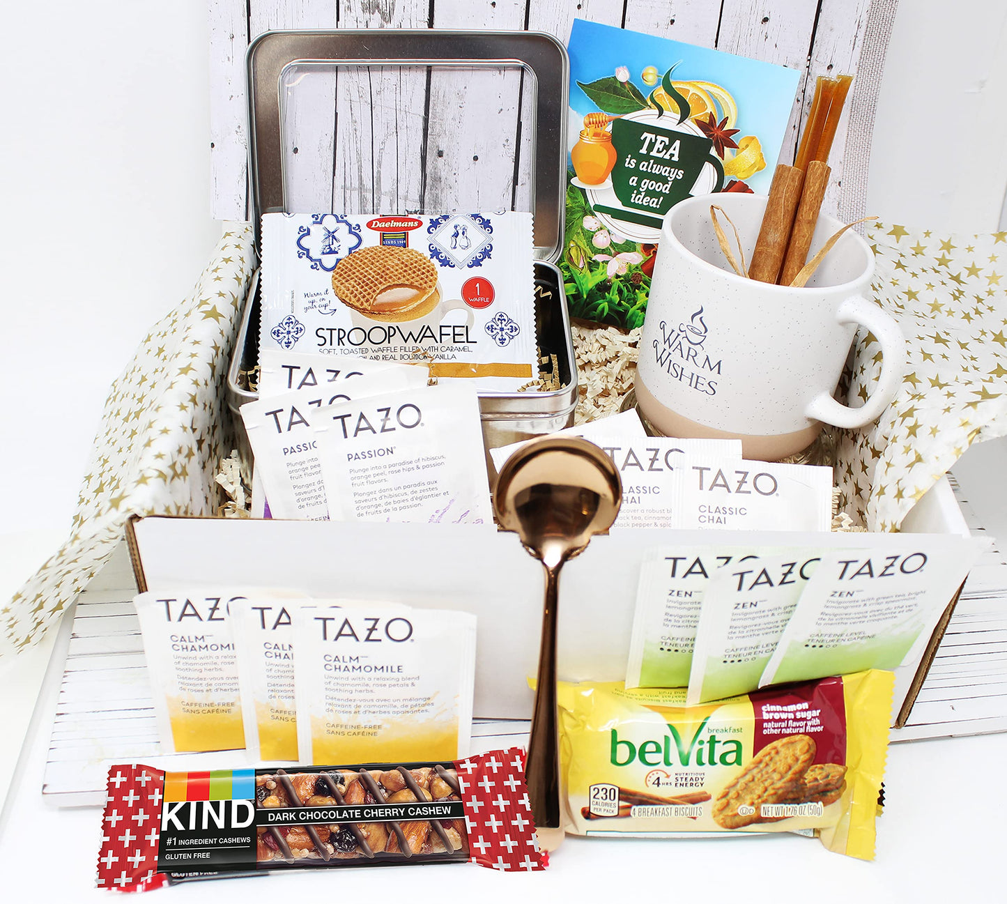 Zelica Tea Lovers Gift Basket with Tazo Tea Bags, Mug, Cookies, Honey, Cinnamon - 1 Count