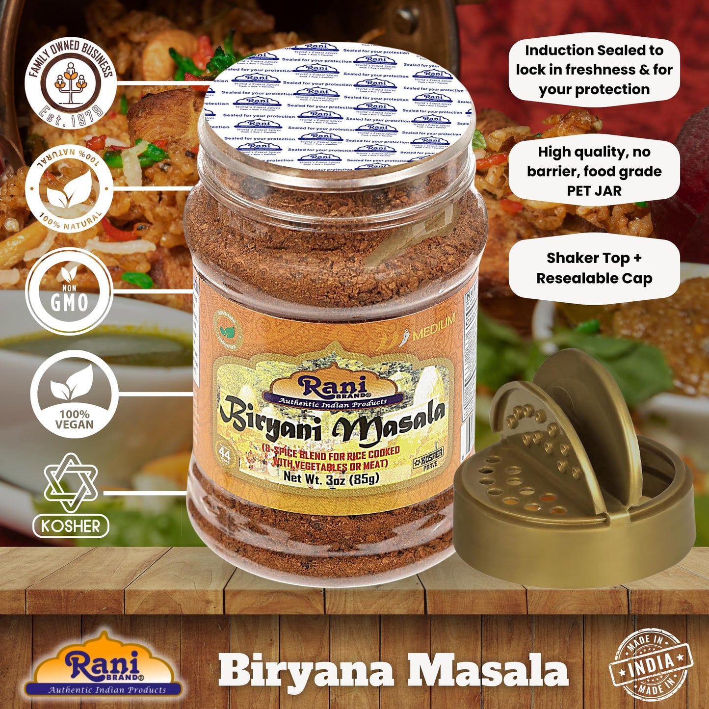 Rani Biryani Masala Curry 7-Spice Blend, All Natural, Vegan, Gluten Friendly, 3oz PET Jar