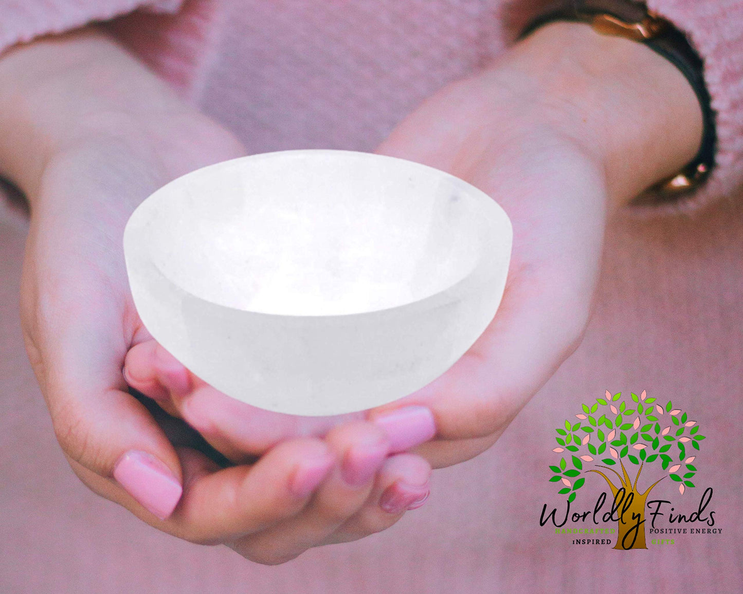 Worldly Finds Selenite Crystal Smudge Bowl, Polished Thickly Hand-Carved, Moroccan Crystal Holder To Charge, Cleanse Crystals, C