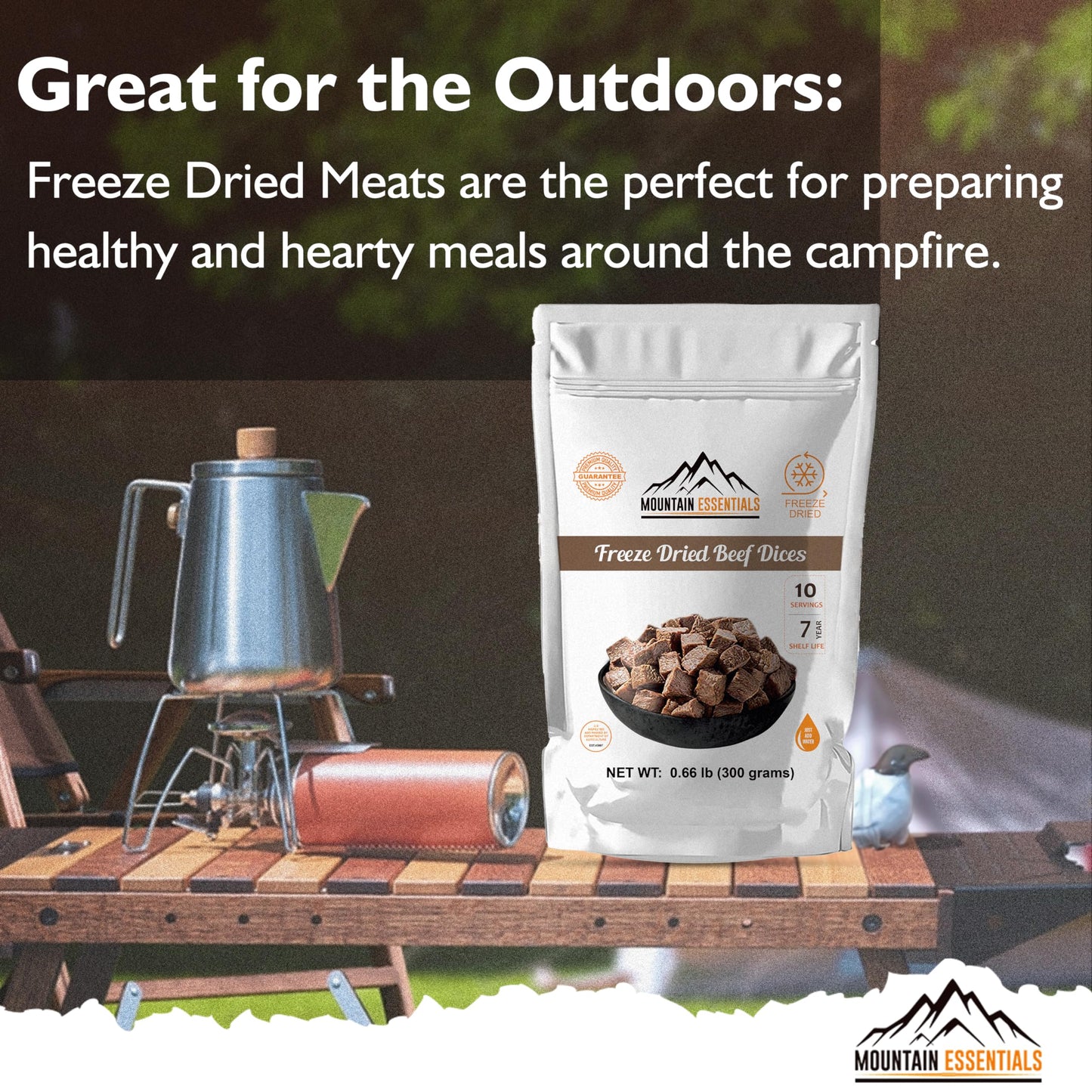 Mountain Essentials Freeze-Dried Diced Beef – Fully Cooked Meat | Pre-Cooked | 240G High Protein Intake | 10 Servings | Ready-To-Eat Meal Prep | Pantry Staples, Daily Meals, Emergency Survival, Camping Food | 7-Year Shelf Life | Made In Usa