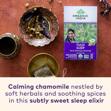 Organic India Tulsi Sleep Herbal Tea - Holy Basil, Ashwagandha, Chamomile, Night Time Tea For Bedtime, Stress Relieving & Relaxi