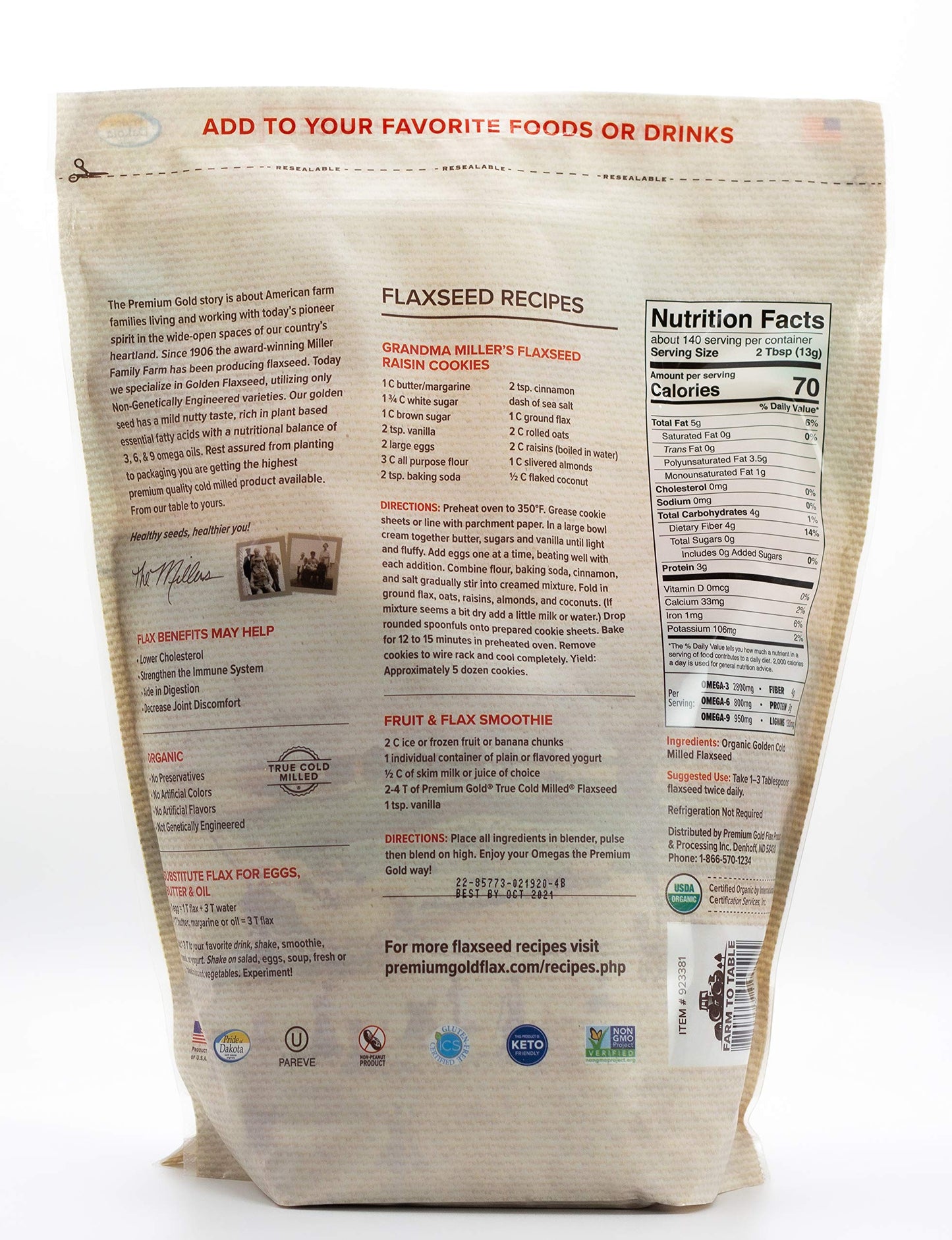 Premium Gold Organic Ground Flax Seed | 4 Pounds | Omega 3 | High Fiber Food | Gluten-Free, Non-Gmo, Kosher, Whole Milled Flaxseed, Plant-Based Protein, Ideal For Beverages, Baking & Topping