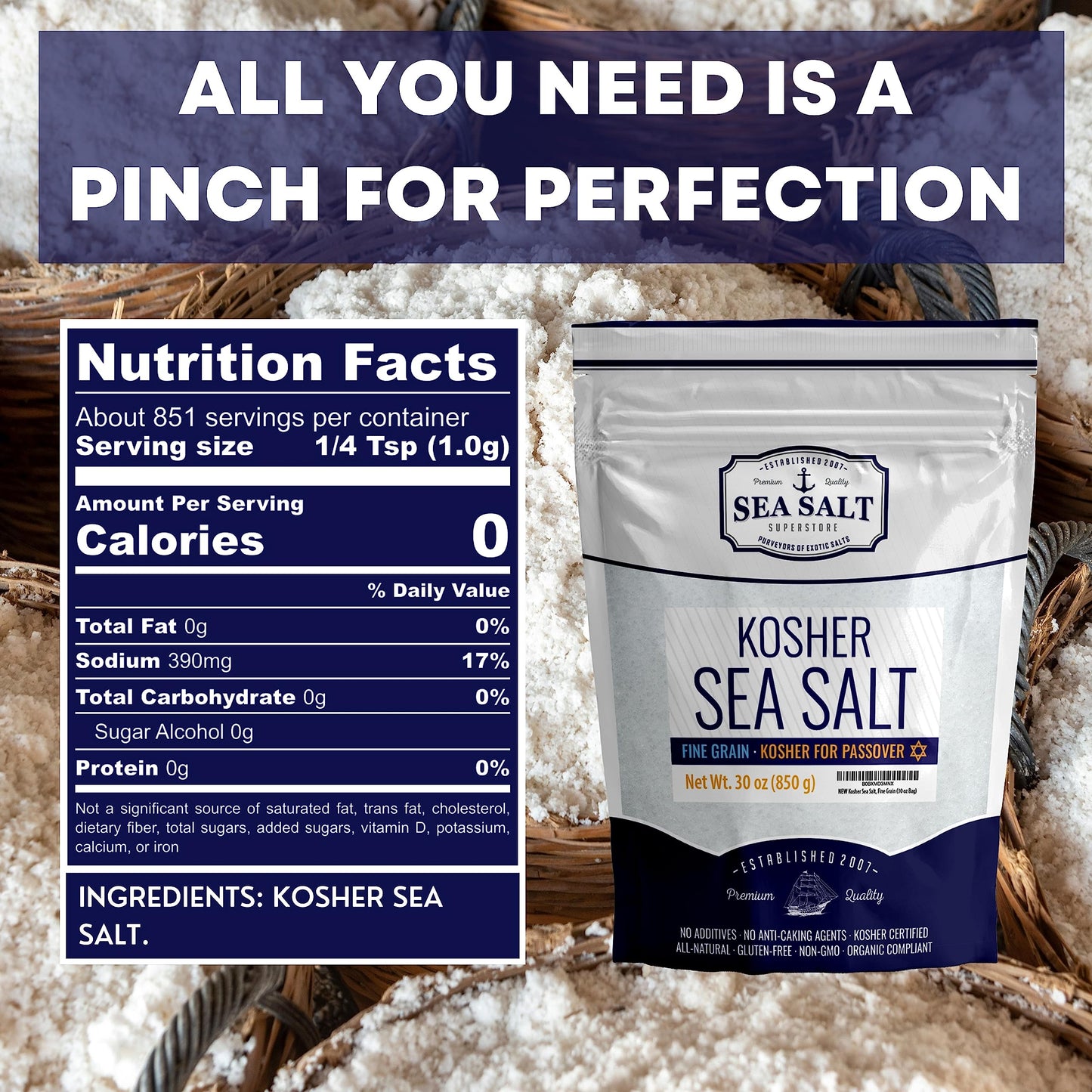 Sea Salt Superstore Kosher Sea Salt, Fine Grain, Non-Iodized, 30 oz Bag - Ideal Table Salt Replacement for Shakers
