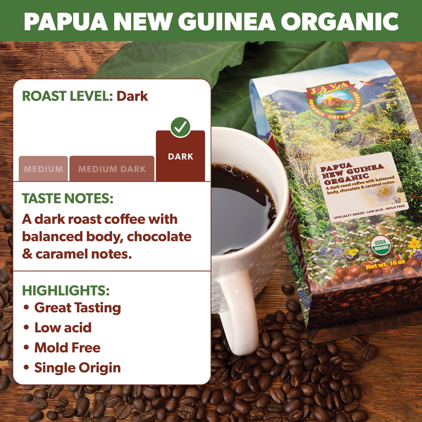 Java Planet Organic, Papua New Guinea Single Origin Dark Roast, Smooth Full Flavored Organic Coffee Beans, Low Acid, Whole Bean