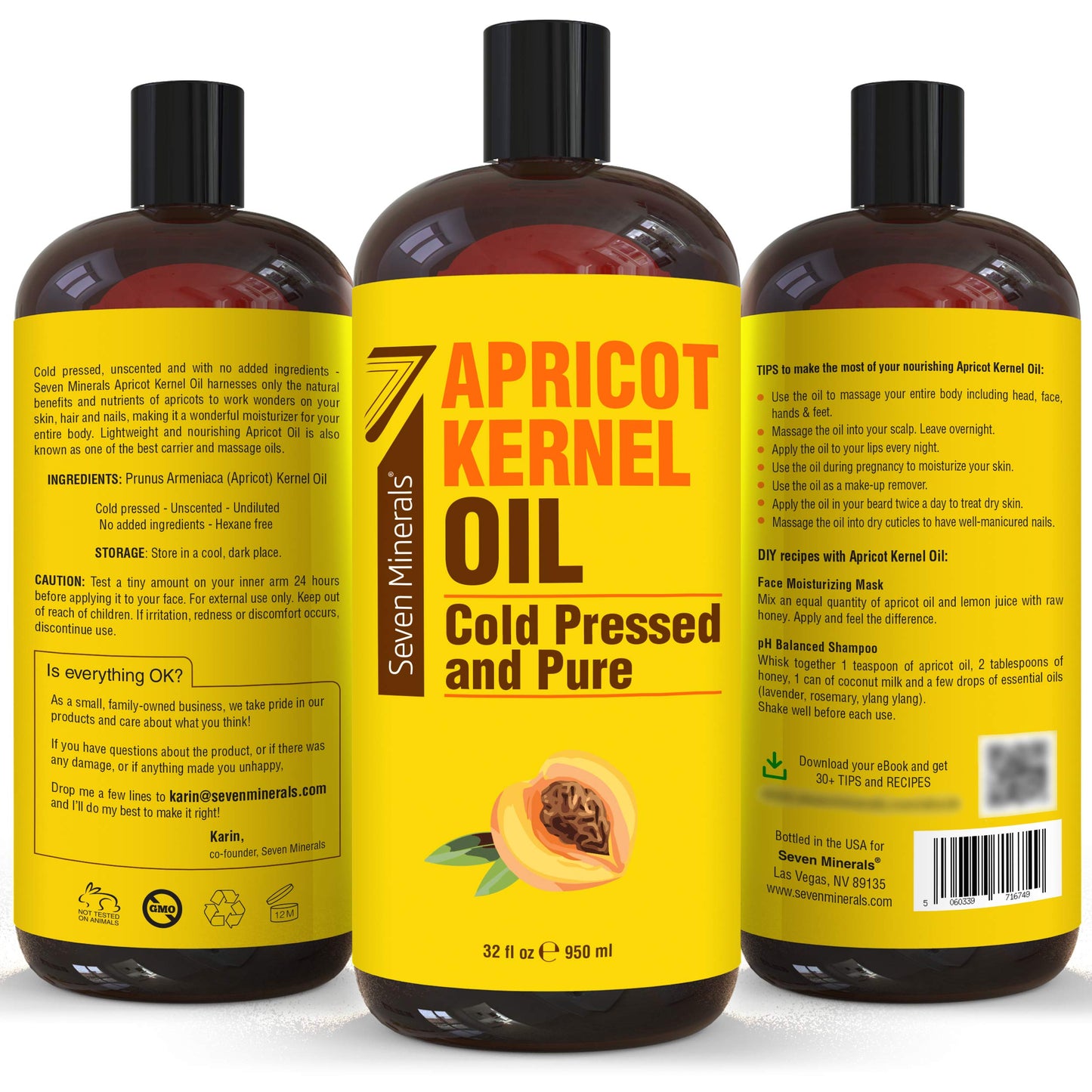 Pure Cold Pressed Apricot Kernel Oil - Big 32 Fl Oz Bottle - Non-Gmo, Hexane Free, Natural & Lightweight Moisturizer For All Ski