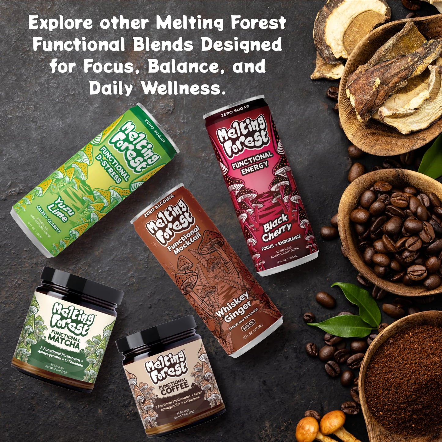 Melting Forest Mushroom Coffee with 7 Functional Mushrooms Cacao Rhodiola L-Theanine Reishi & Lions Mane Stress Relieving Focus Cognitive Function & Mental Clarity (30 Servings)