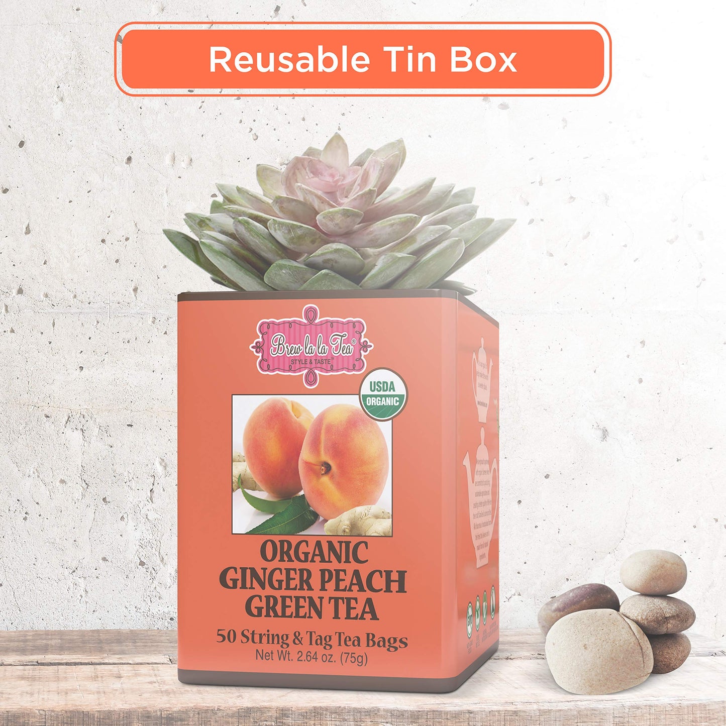 Brew La La Organic Green Tea - Ginger Peach Flavor - 50 Tea Bags - Low Caffeine - USDA Organic - Non-GMO - Gluten Free