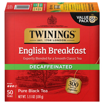 Twinings Decaffeinated English Breakfast Black Tea Bags, 50 Count (Pack of 6), Flavourful, Robust, Enjoy Hot or Iced, 300 Teabag