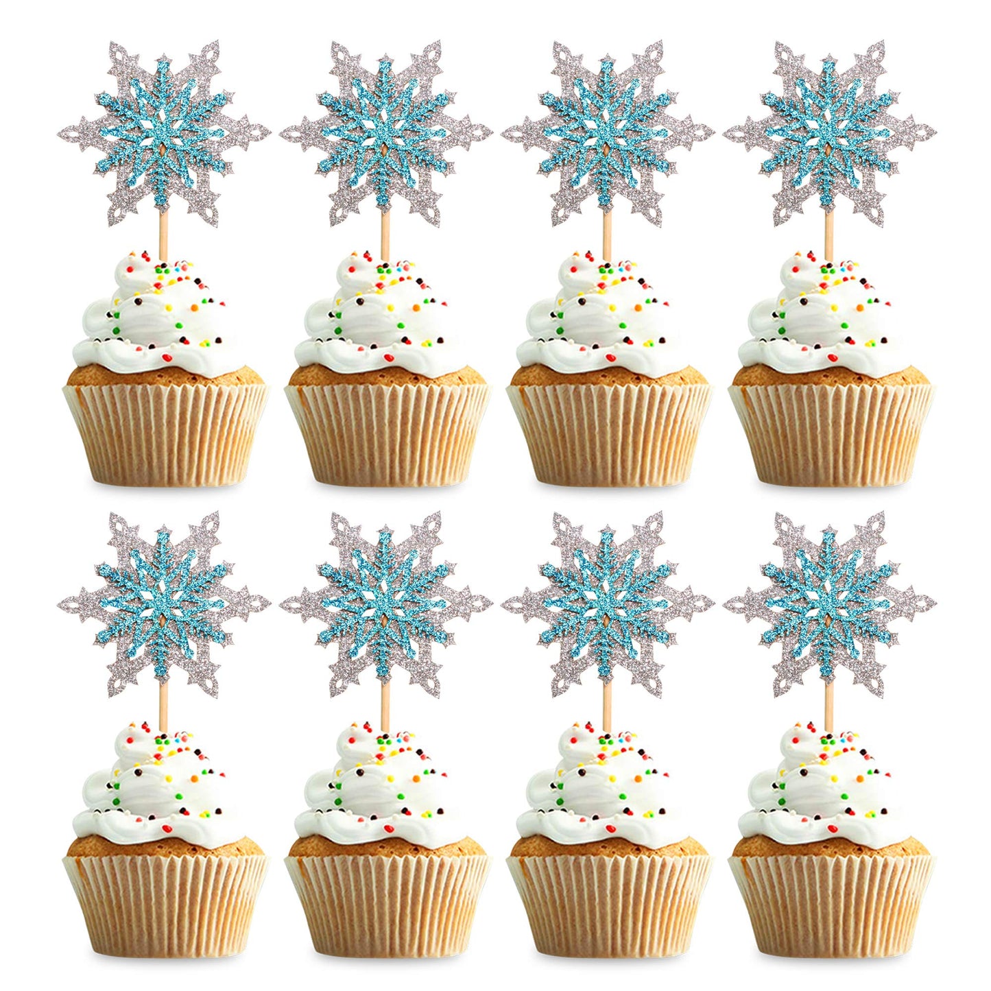 Ercadio 24 Pack Snowflake Cupcake Toppers Double Layers Silver And Blue Winter Theme Cupcake Picks Baby Shower Kids Birthday Party Christmas Cake Decorations Supplies