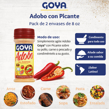 Adobo All Purpose Seasoning With Hot Pepper By Goya, Poultry, Seafood, Meat, And Vegetable Seasoning, Fat Free And Calorie Free Latin Spice Blend, Mexican Seasoning, Pack Of 2, 8Oz. Bottles