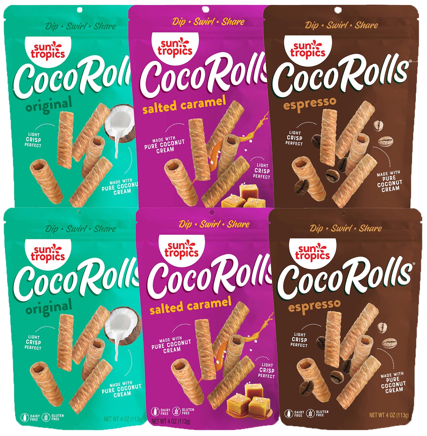 Sun Tropics Cocorolls, Variety Pack, Gluten Free, Dairy Free, Snack-Crisp Rolled Wafer Made With Pure Coconut Cream, 6 Count