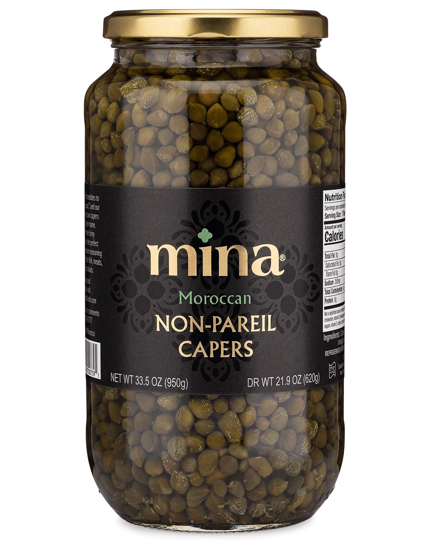 Mina Capers Non Pareil 33.5 oz, Perfect Mediterranean Seasoning or Garnish, Made with only Capers, Water, Vinegar and Sea Salt,