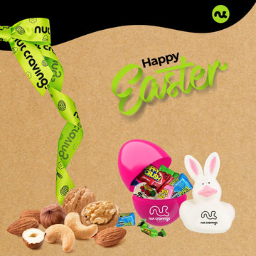 Nut Cravings Gourmet Collection - Easter Treats, Candies & Dried Fruit Nuts Gift Basket With Happy Easter Ribbon, Candy Filled E