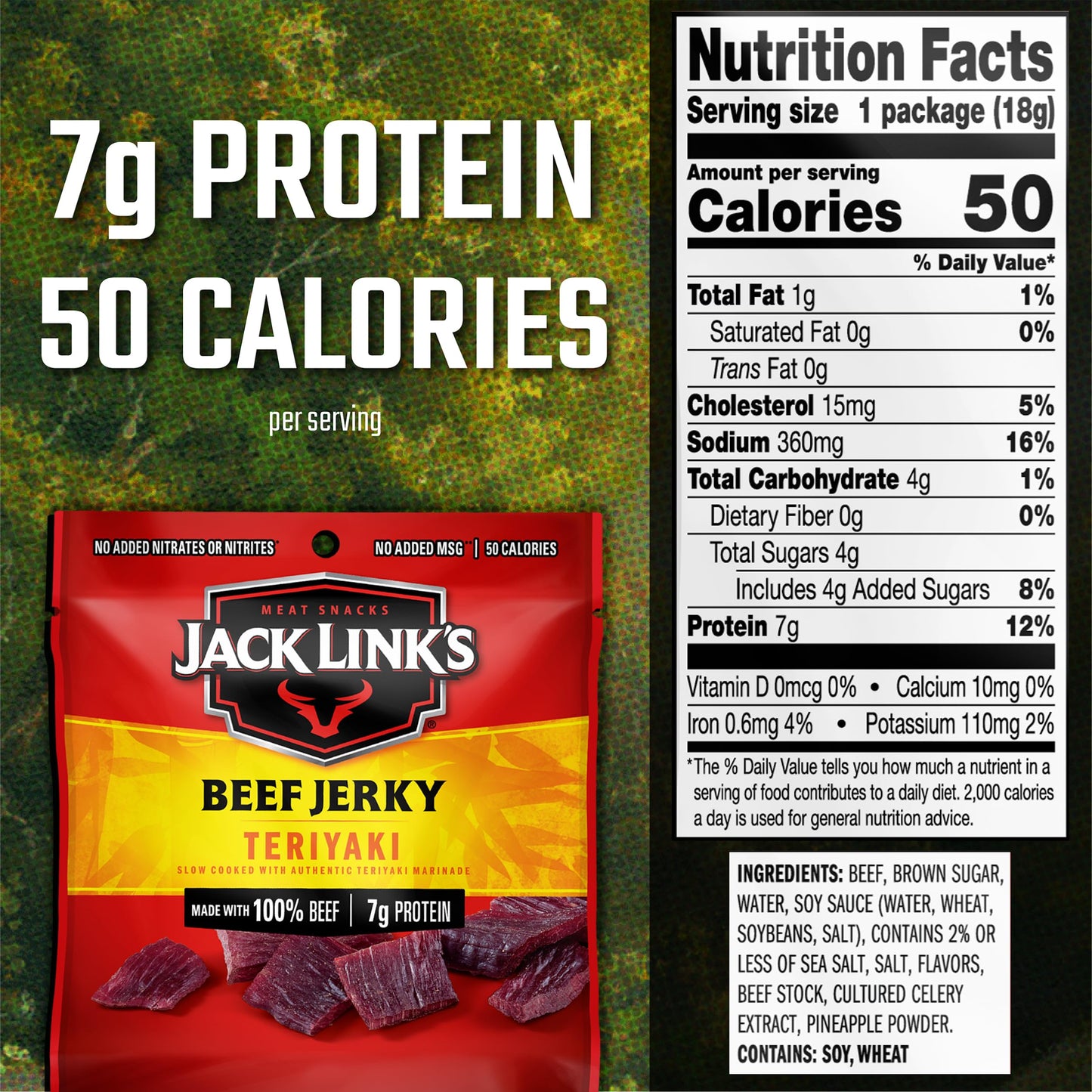 Jack Links Beef Jerky, Teriyaki Flavor, 0.625 oz (Pack of 48), 7g Protein, Ready to Eat Meat Snacks