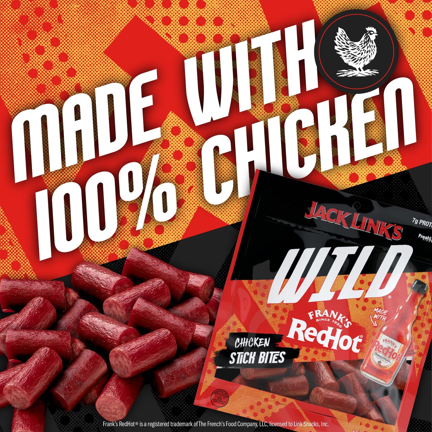 Jack Link'S Wild Chicken Stick Bites Made With Frank'S Redhot Flavor, Mini Meat Sticks, Shareable Under 100 Calories Snack Packs