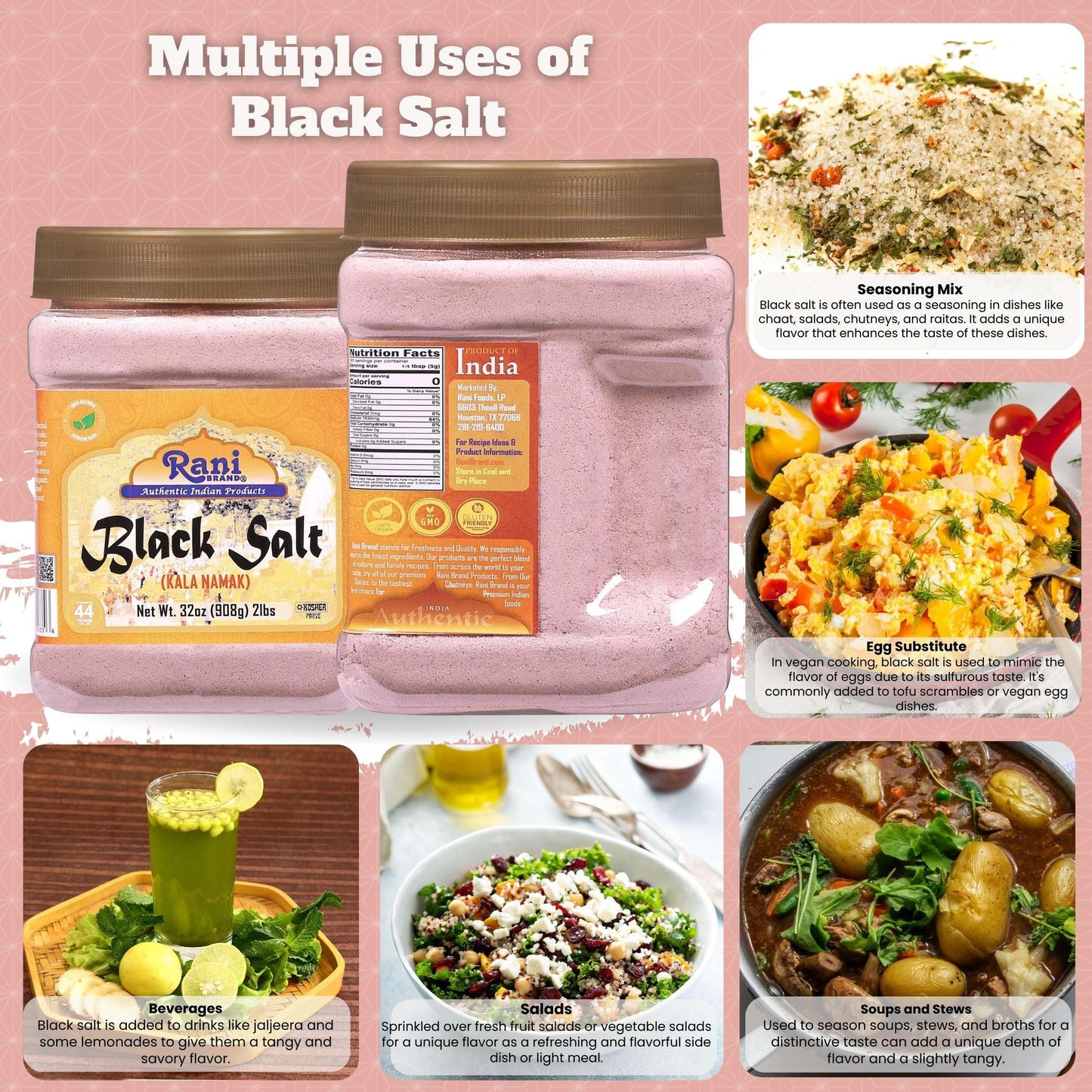 Rani Black Salt Powder (Kala Namak) Mineral 32Oz (2Lbs) 908G Bulk Pet Jar ~ Unrefined, Pure And Natural | Vegan | Gluten Friendly | Non-Gmo | Indian Origin | Perfect For Tofu Scramble