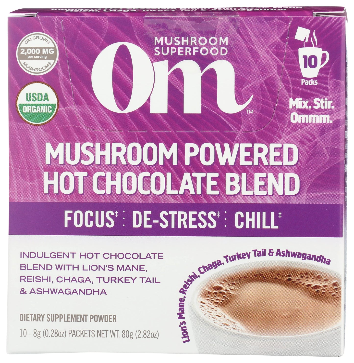 Om Mushroom Superfood Hot Chocolate Blend Mushroom Powder, Single Serve, Dutch Cocoa, 2g of Sugar, 25 Calories, Lions Mane, Rei
