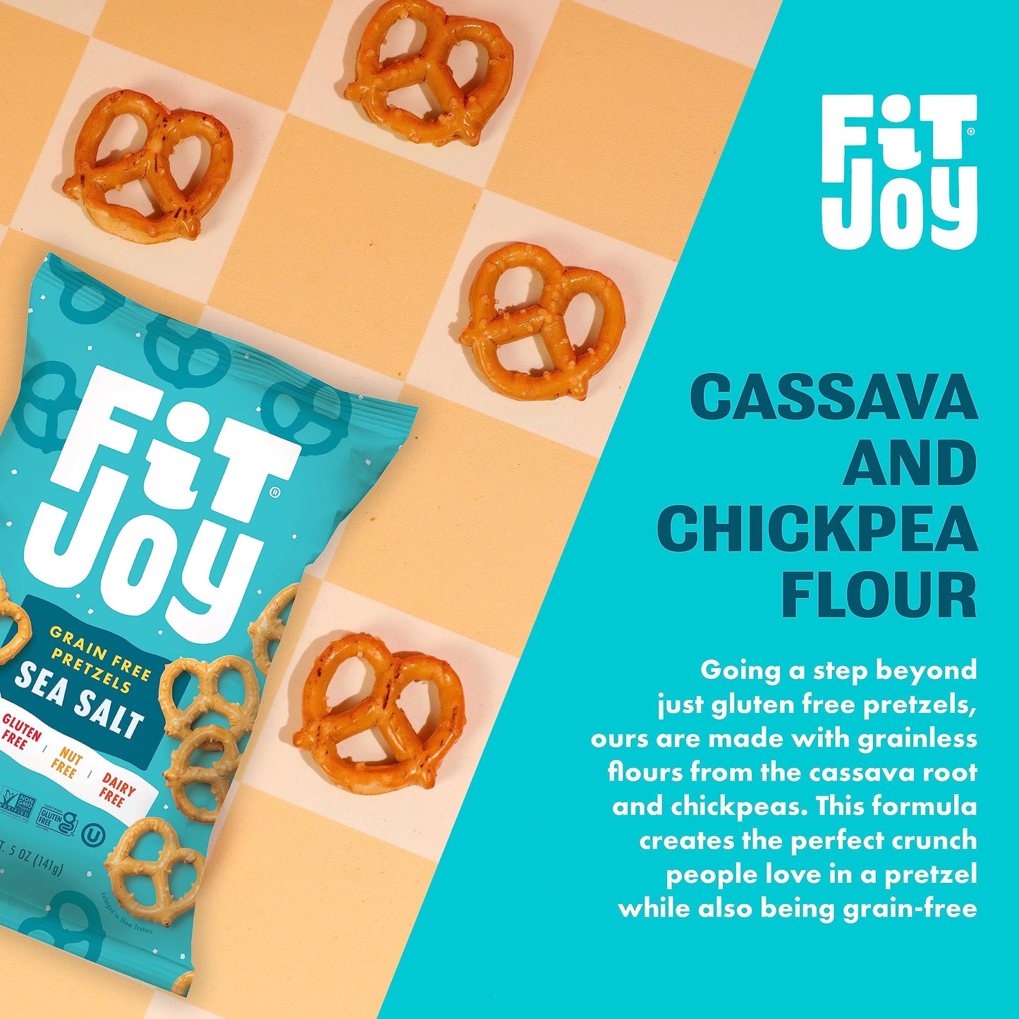FitJoy Sea Salt Pretzels (Pack of 6, 5 Oz) - Dairy, Nut & Gluten Free Snacks - Grain Free Cassava Root & Chickpea Flour Vegan Pr